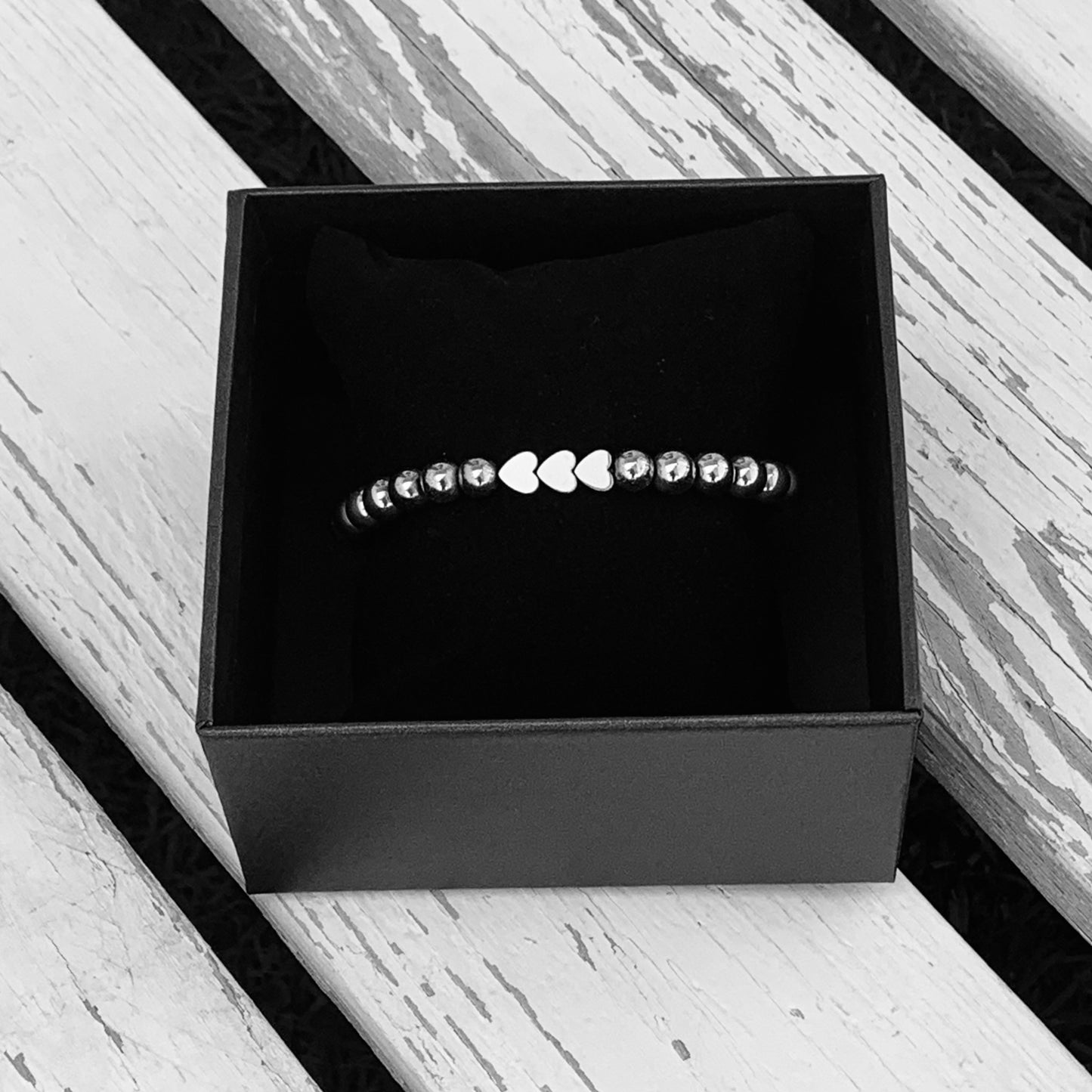 Beaded Bracelet with 3 Heart Connectors - Choose Gemstone/Colour, Charm & Personalisation