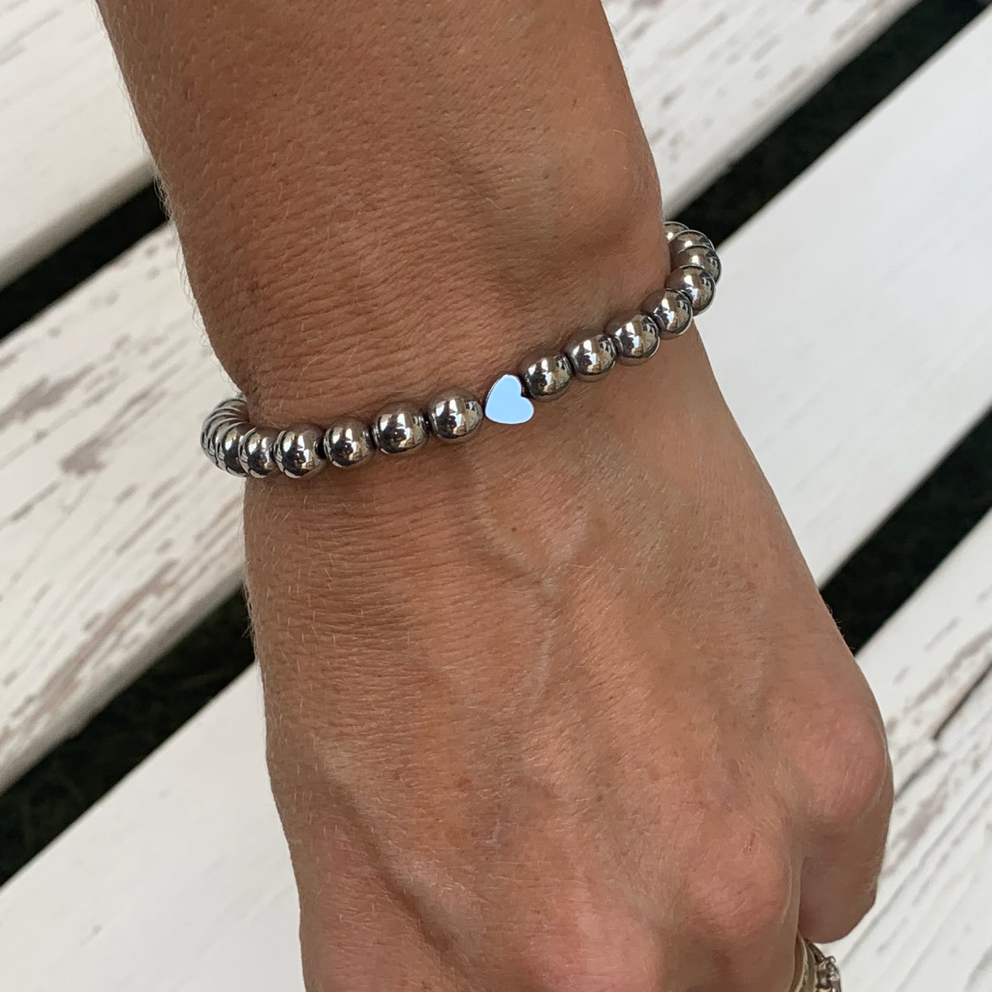 Silver Hematite Beaded Bracelet with Heart connector - Choose Charm & Personalisation