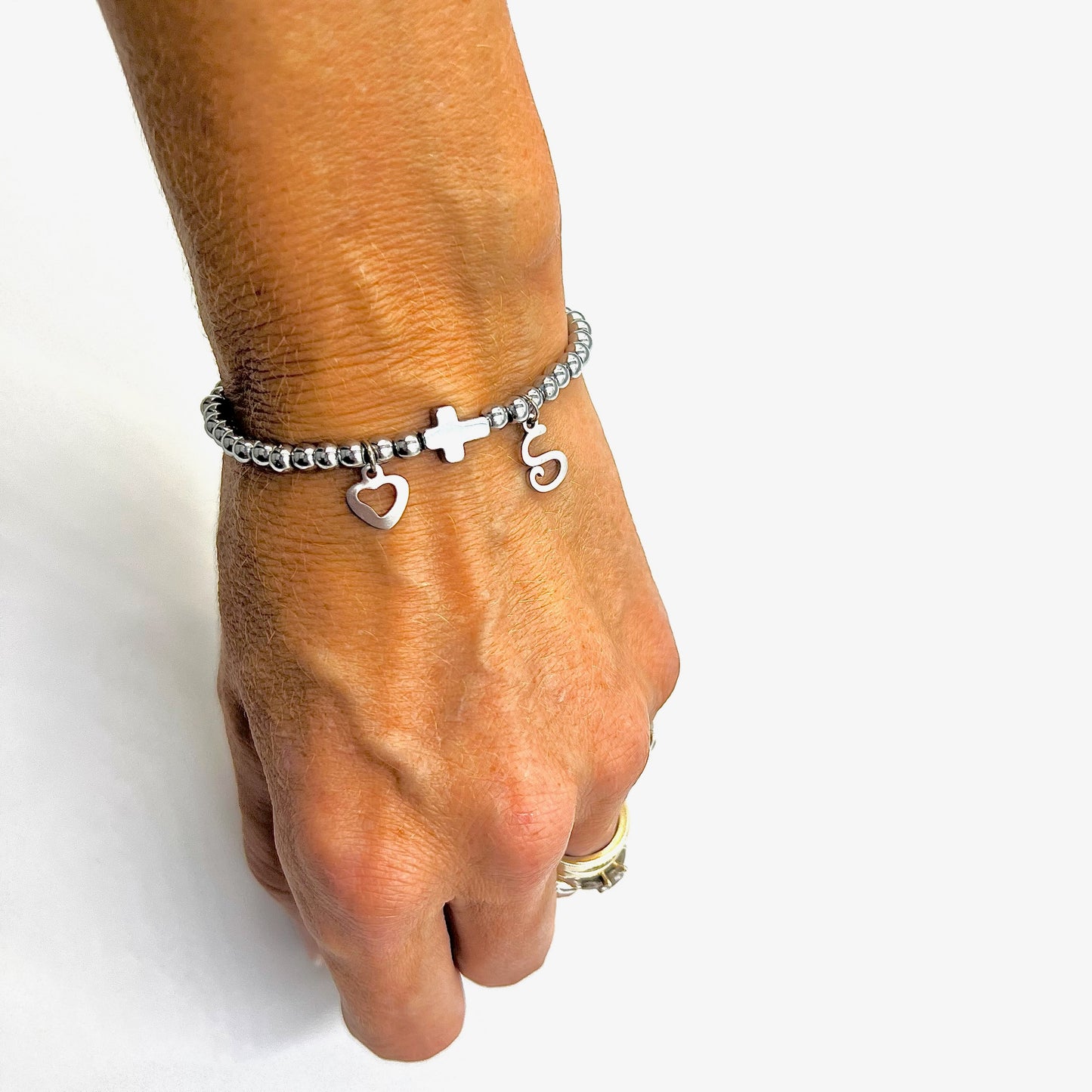 Beaded Bracelet with Cross Connector - Choose Gemstone/Colour, Charm & Personalisation