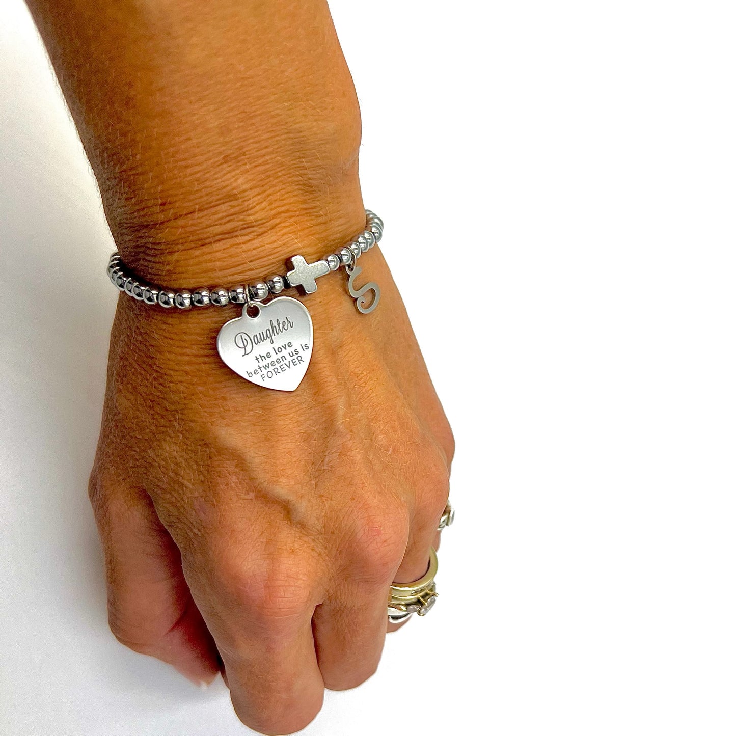Beaded Bracelet with Cross Connector - Choose Gemstone/Colour, Charm & Personalisation