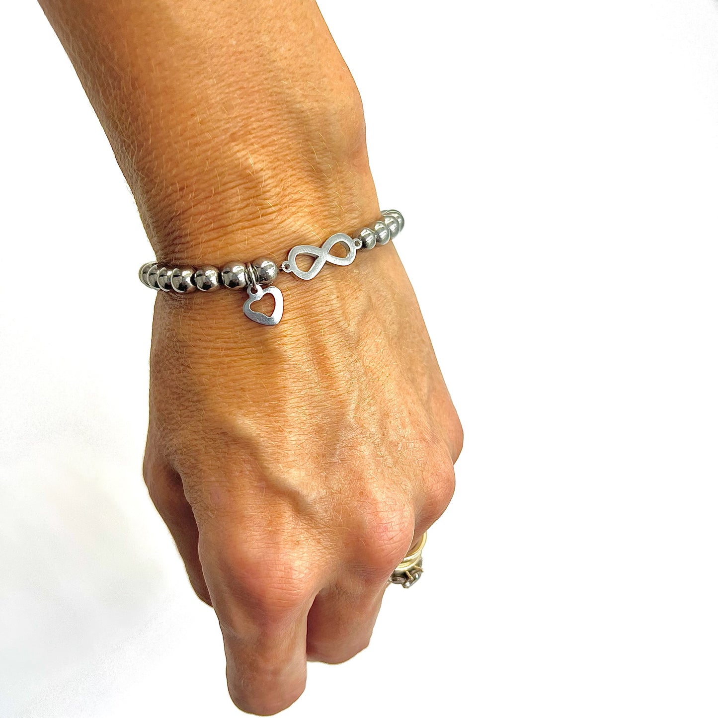 Hematite Beaded Bracelet with Infinity Connector - Choose Charm & Personalisation