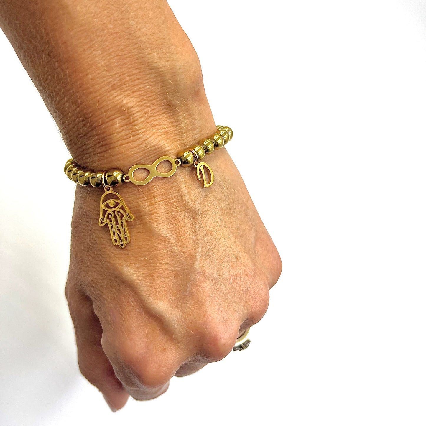 Hematite Beaded Bracelet with Infinity Connector - Choose Charm & Personalisation