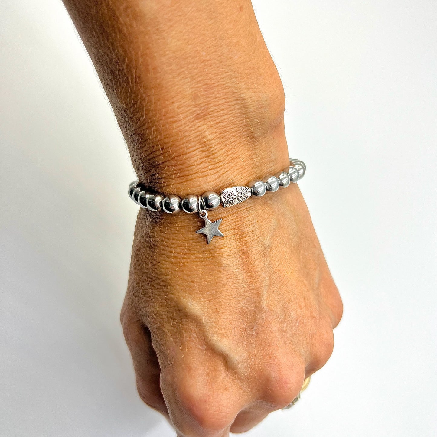 Beaded Bracelet with Owl Connector - Choose Gemstone/Colour, Charm & Personalisation