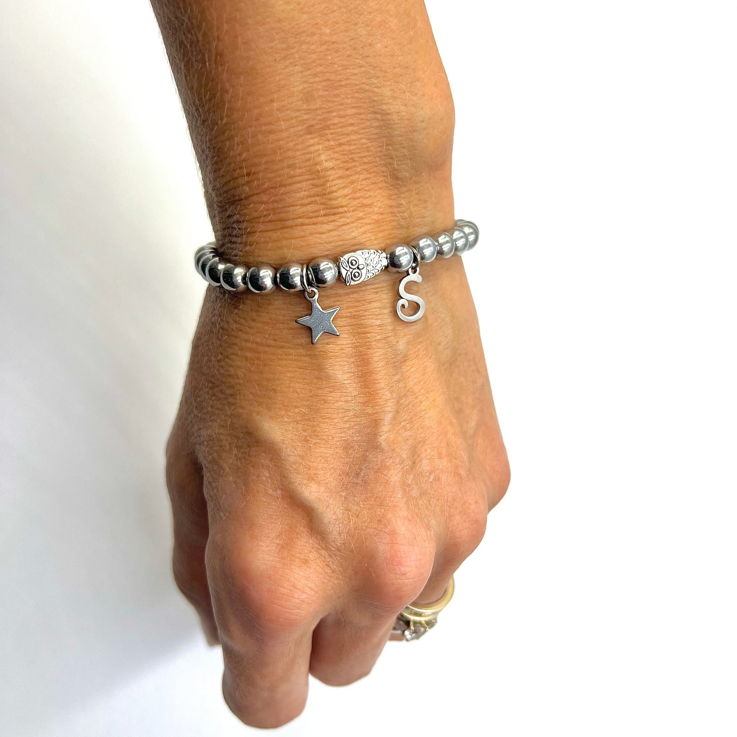Beaded Bracelet with Owl Connector - Choose Gemstone/Colour, Charm & Personalisation