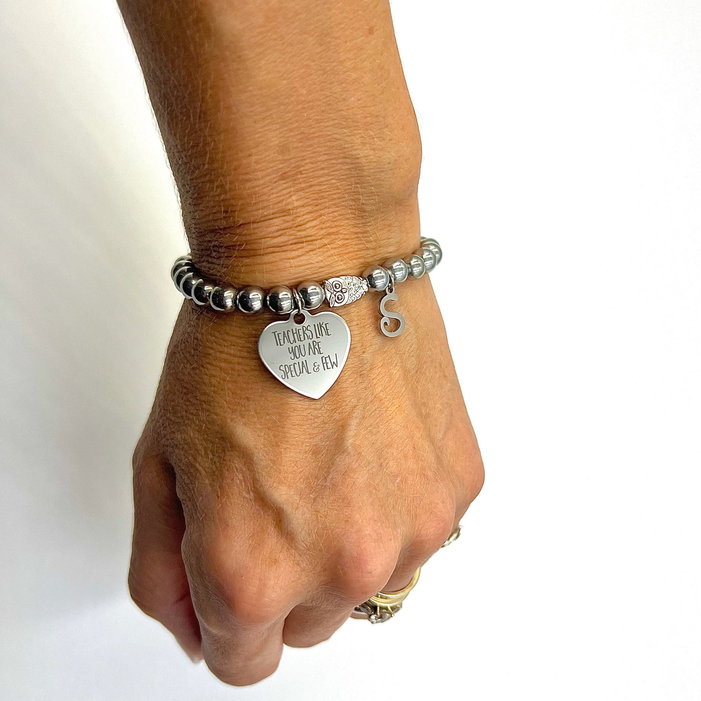 Hematite Beaded Bracelet with Infinity Connector - Choose Charm & Personalisation