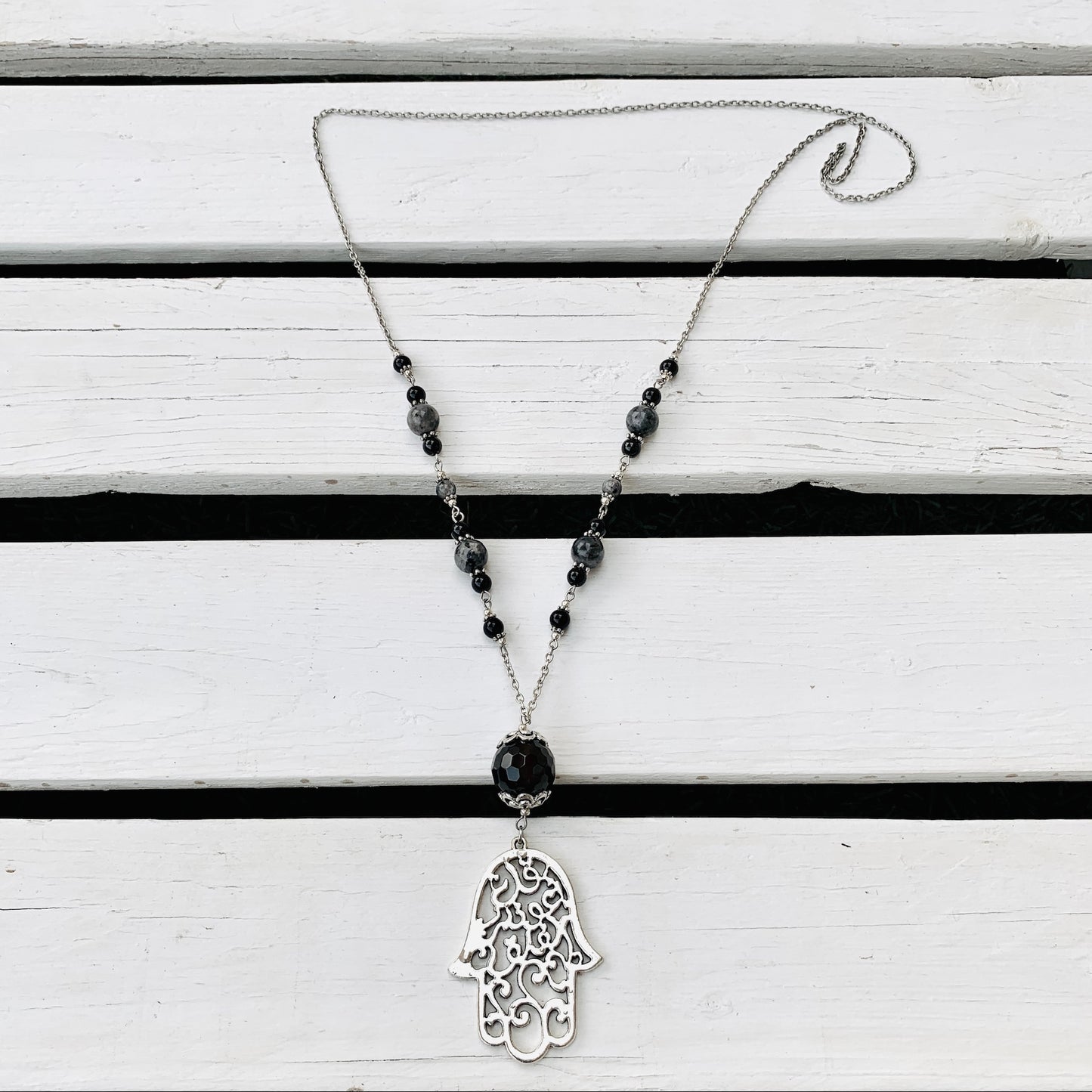Chain & Beaded Necklace with Hand of Fatima Pendant - Choose Gemstones/Colour