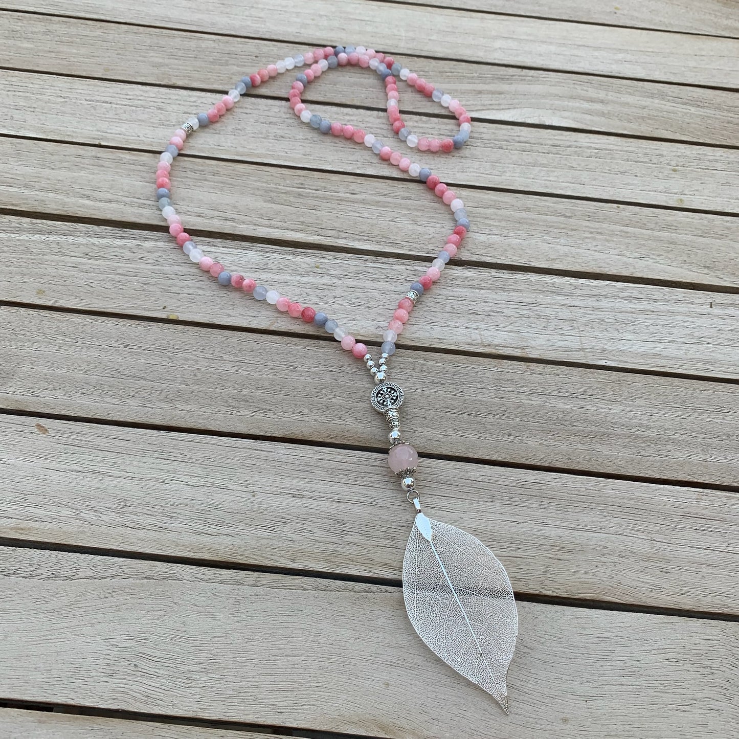 Pink Mix Beaded Necklace with Silver Filagree Leaf Pendant