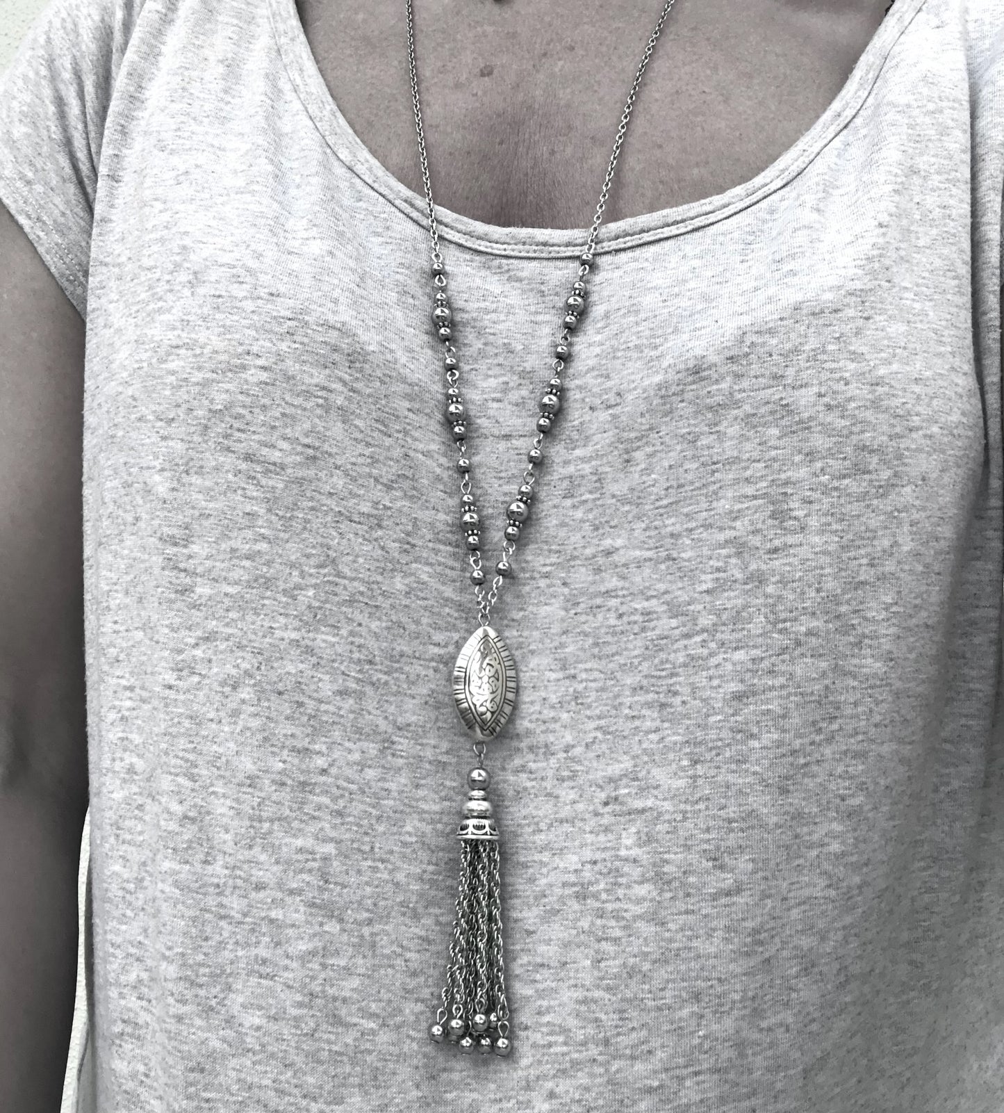 Silver Beaded & Chain Necklace with Beaded Tassel