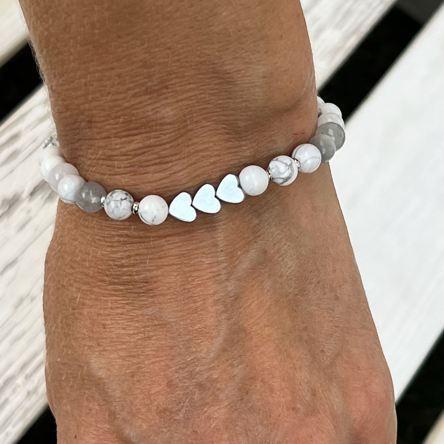 Beaded Bracelet with 3 Heart Connectors - Choose Gemstone/Colour, Charm & Personalisation