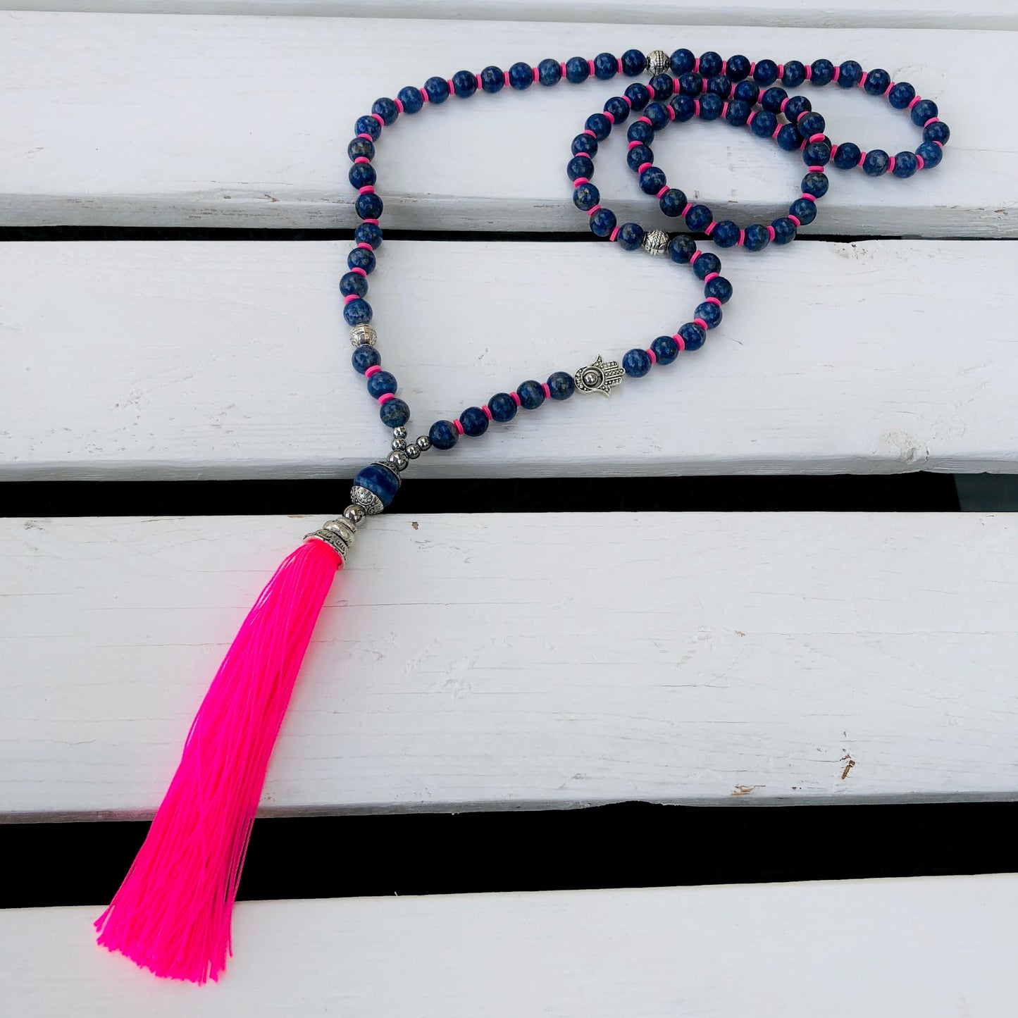 Beaded Hot Pink Tassel Necklace - Choose Gemstone/Colour