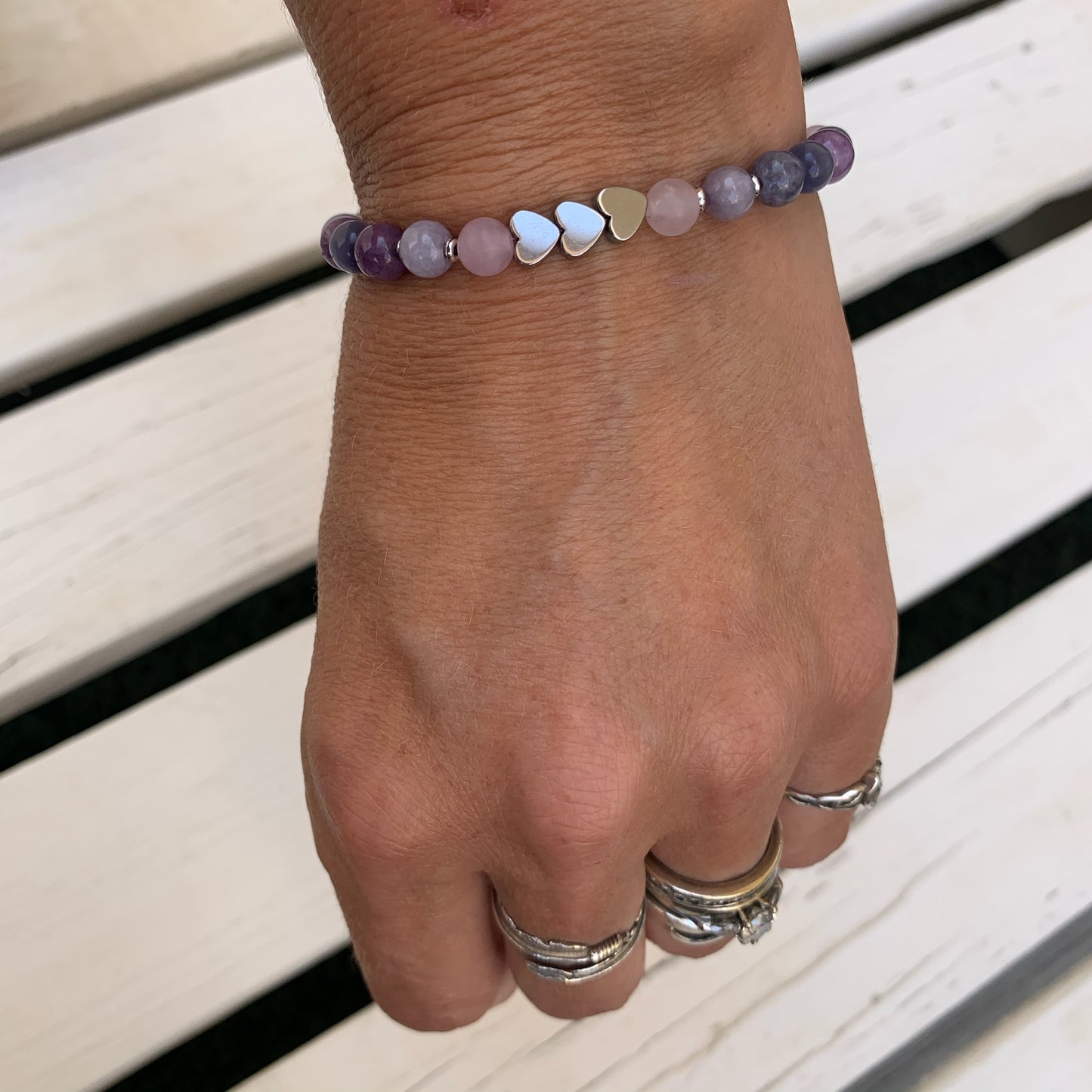 Beaded Bracelet with 3 Heart Connectors - Choose Gemstone/Colour, Charm & Personalisation