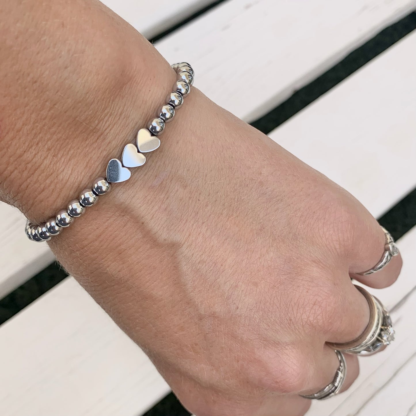 Silver Hematite Beaded Bracelet with 3 Heart Connectors - Choose Charm & Personalisation