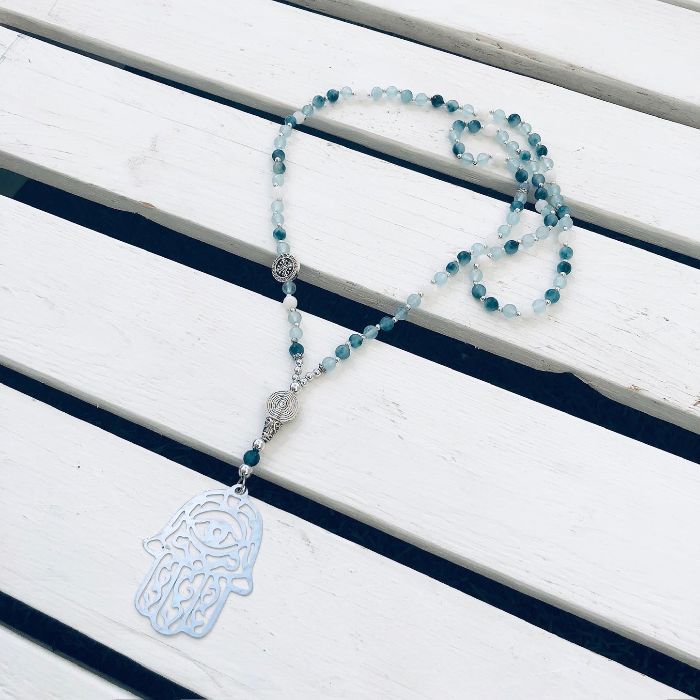 Beaded Necklace with Hand of Fatima Pendant - Choose Gemstones/Colour