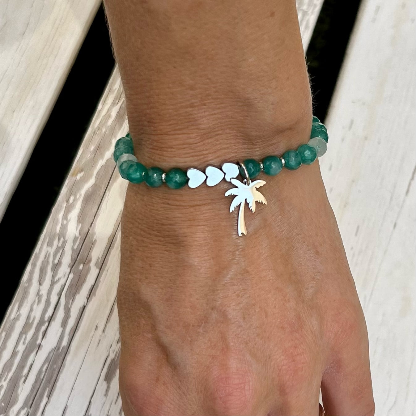 Beaded Bracelet with 3 Heart Connectors - Choose Gemstone/Colour, Charm & Personalisation