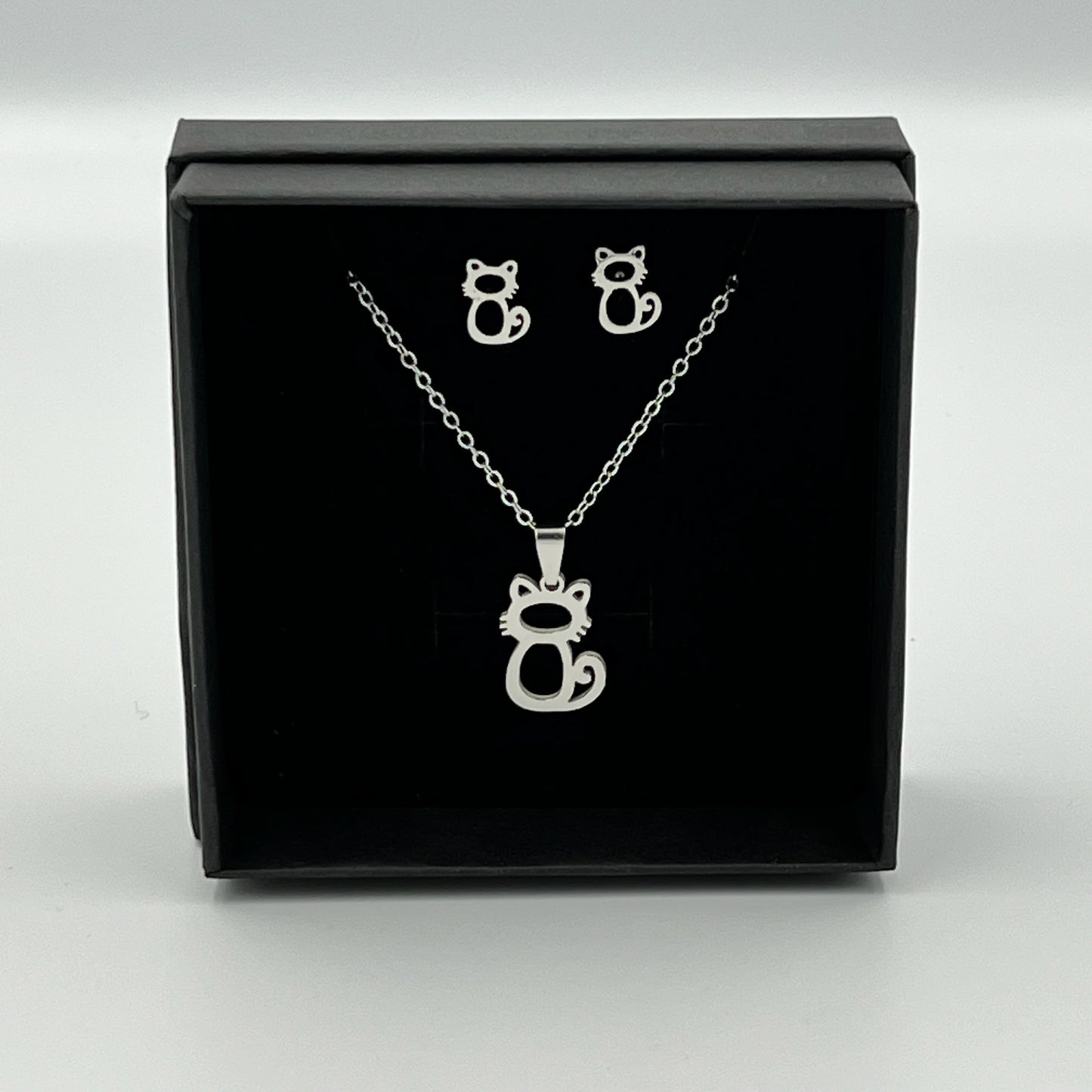 Silver or Gold Cat Necklace & Earring Set