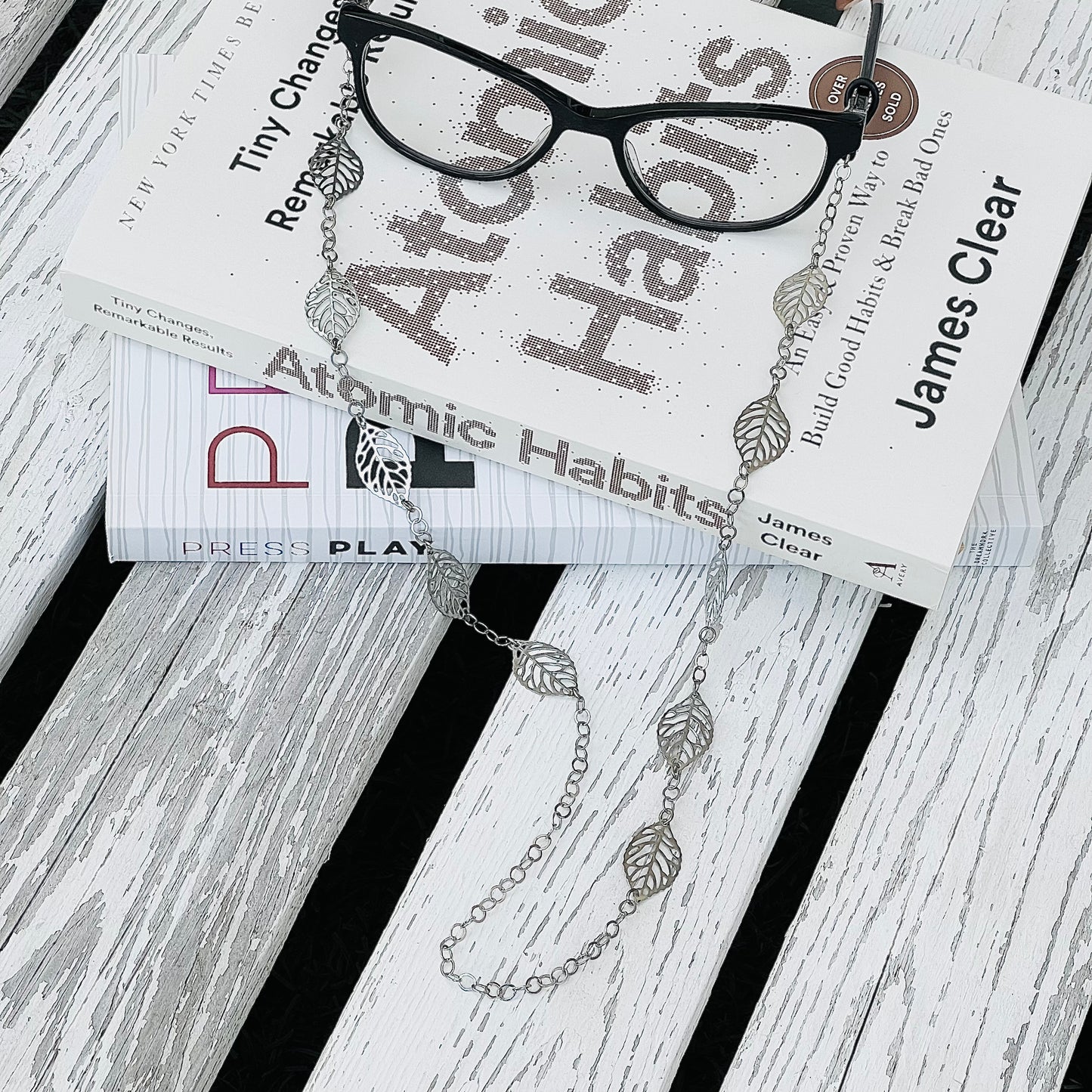 Glasses Chain - Silver Leaves with Personalisation option