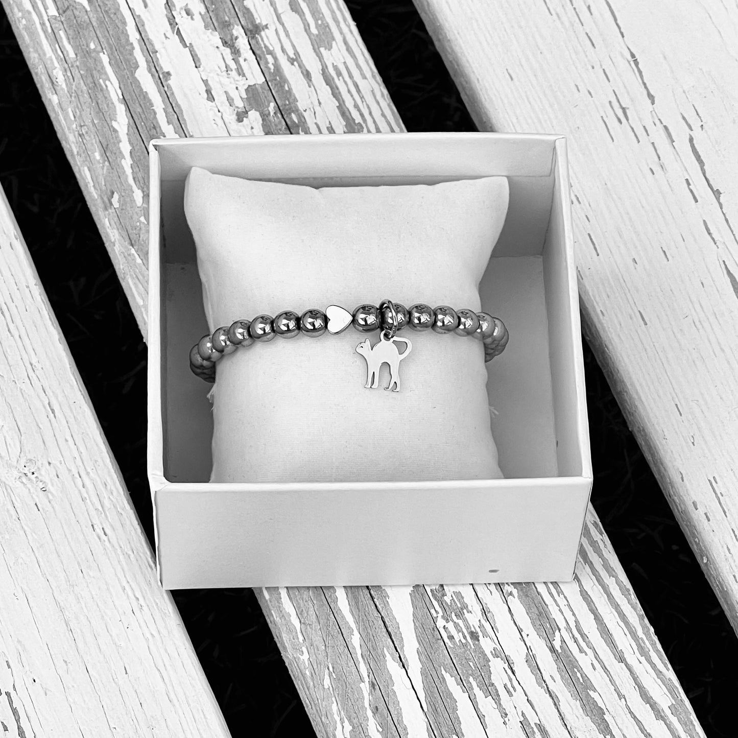 Silver Hematite Beaded Bracelet with Heart connector - Choose Charm & Personalisation