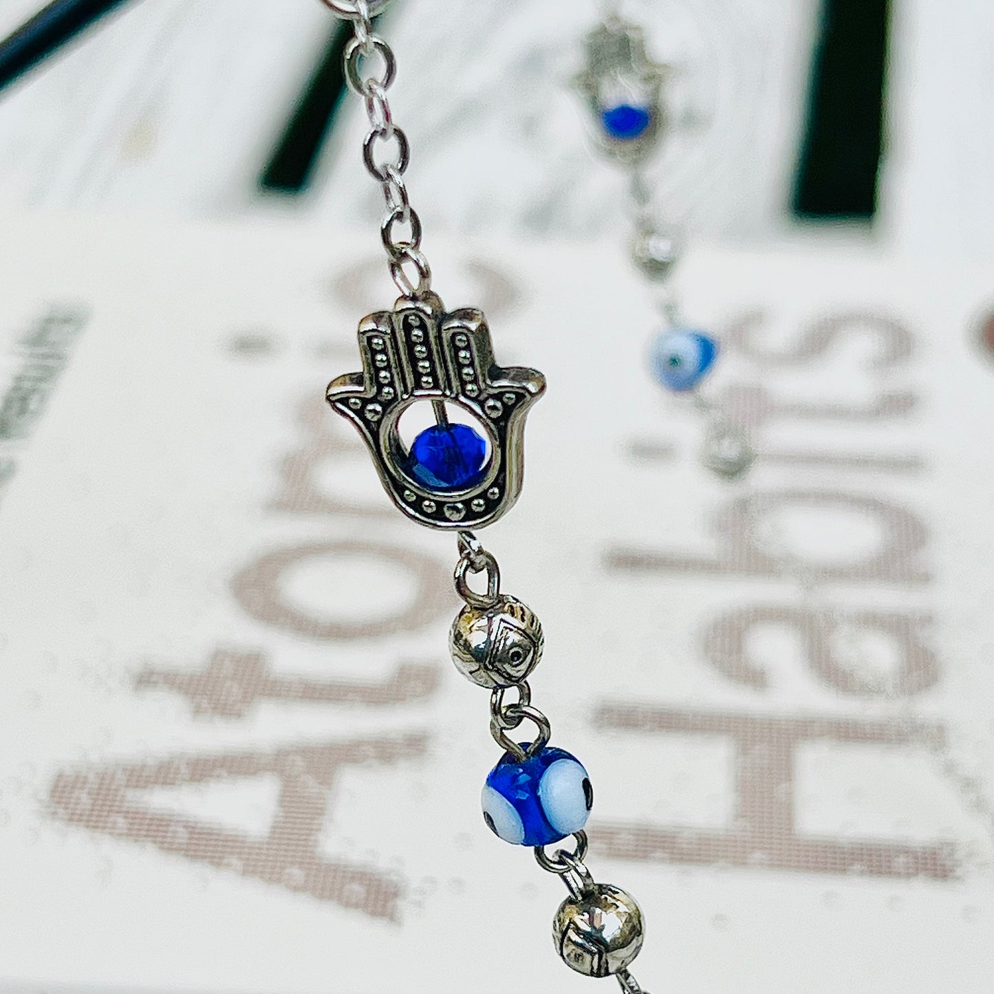 Glasses Chain - Silver Hand of Fatima & Evil Eye Beads with Personalisation option