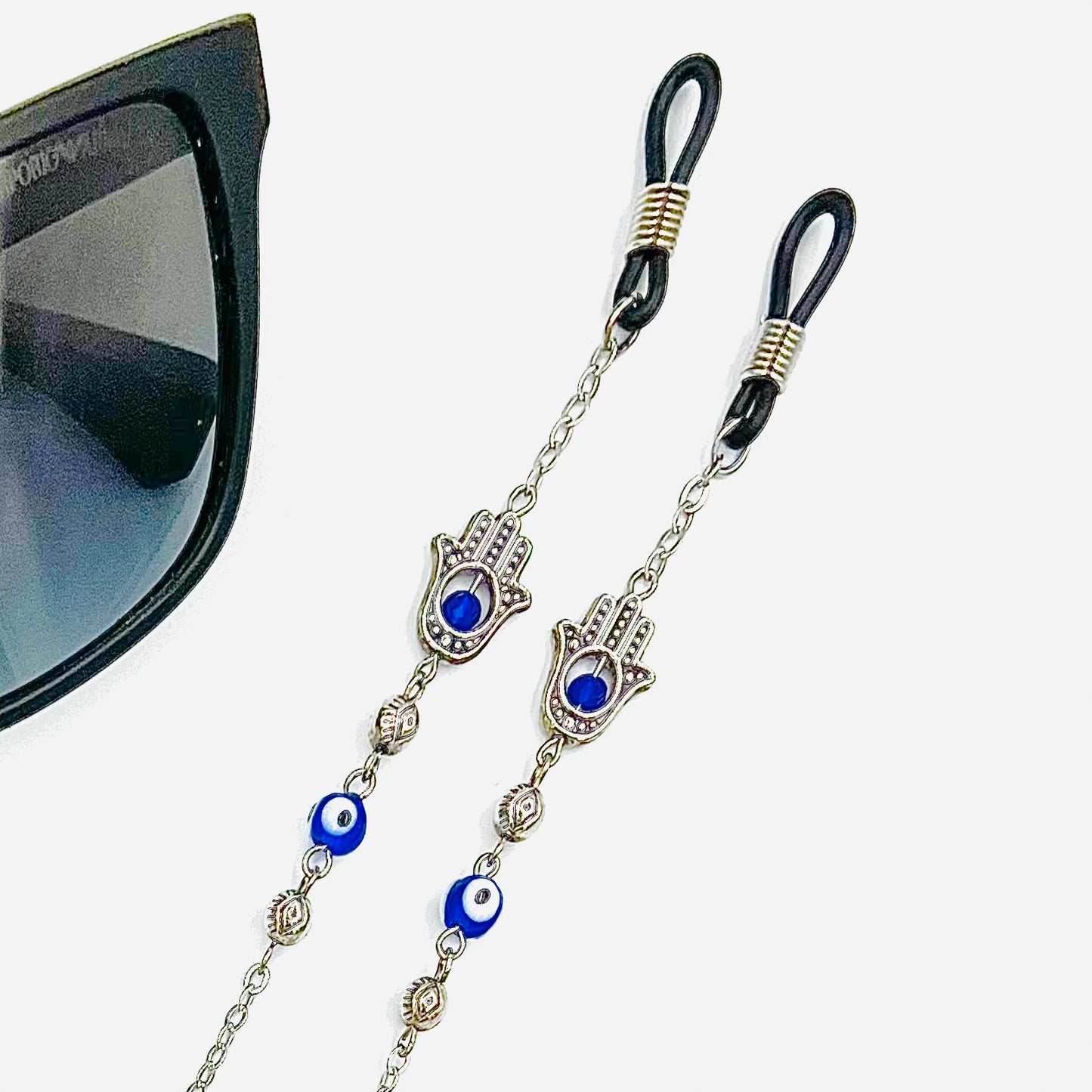 Glasses Chain - Silver Hand of Fatima & Evil Eye Beads with Personalisation option