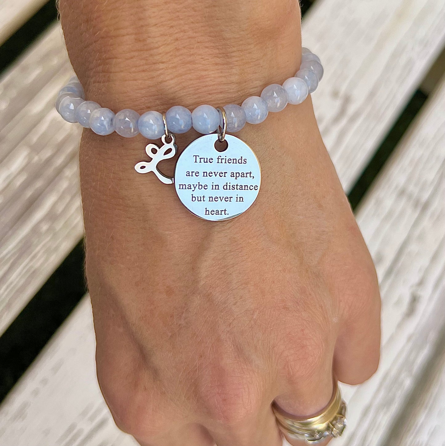 Aquamarine Beaded Bracelet - Choose Charm & Personalisation