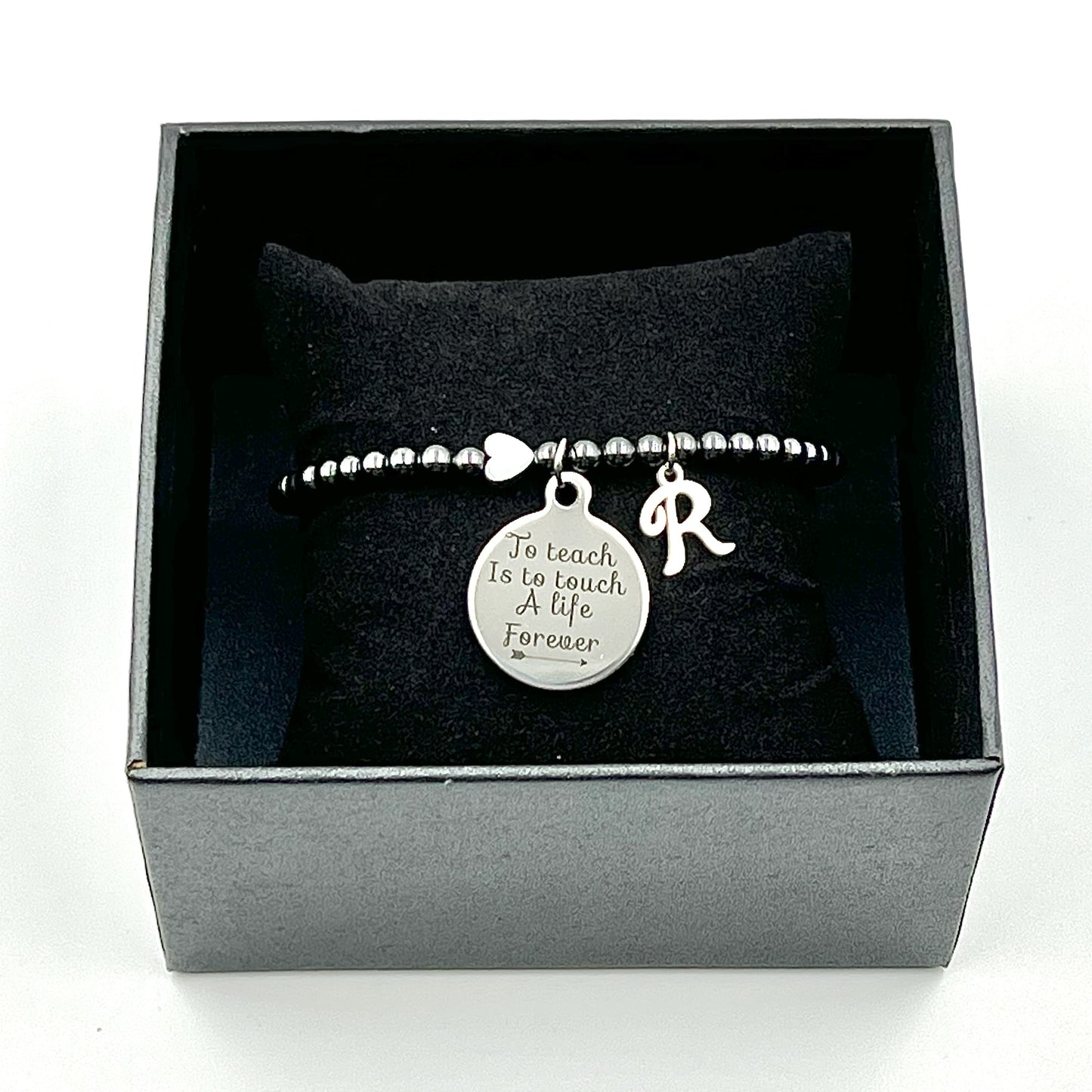 Natural Hematite Beaded Bracelet with Heart Connector - Choose Charm & Personalisation