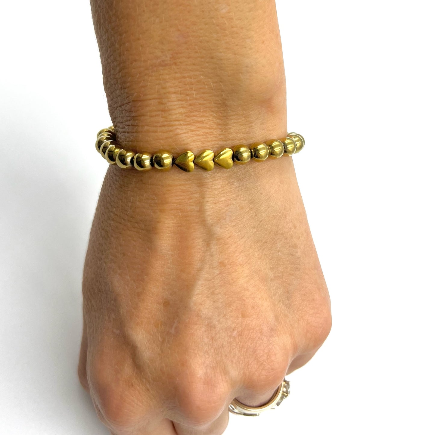 Beaded Bracelet with 3 Heart Connectors - Choose Gemstone/Colour, Charm & Personalisation