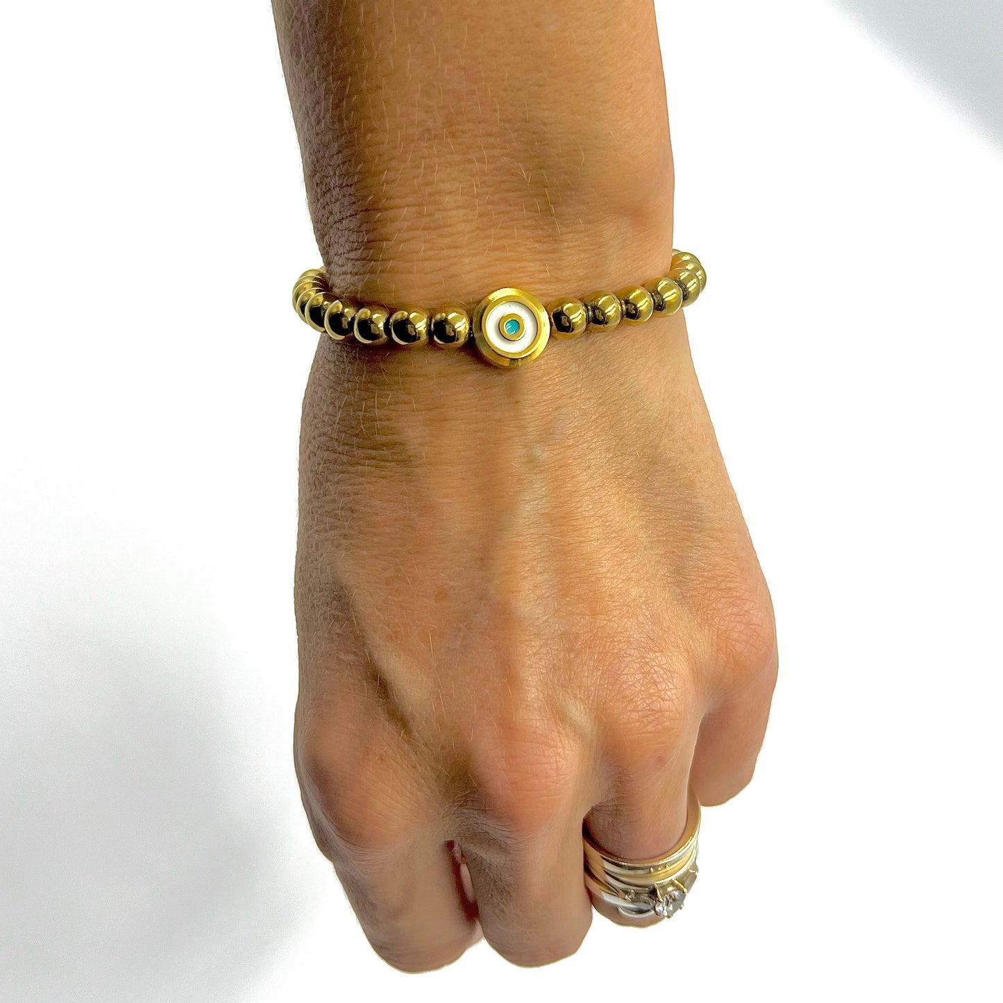Beaded Bracelets with Gold Evil Eye Connector - Choose Gemstone/Colour