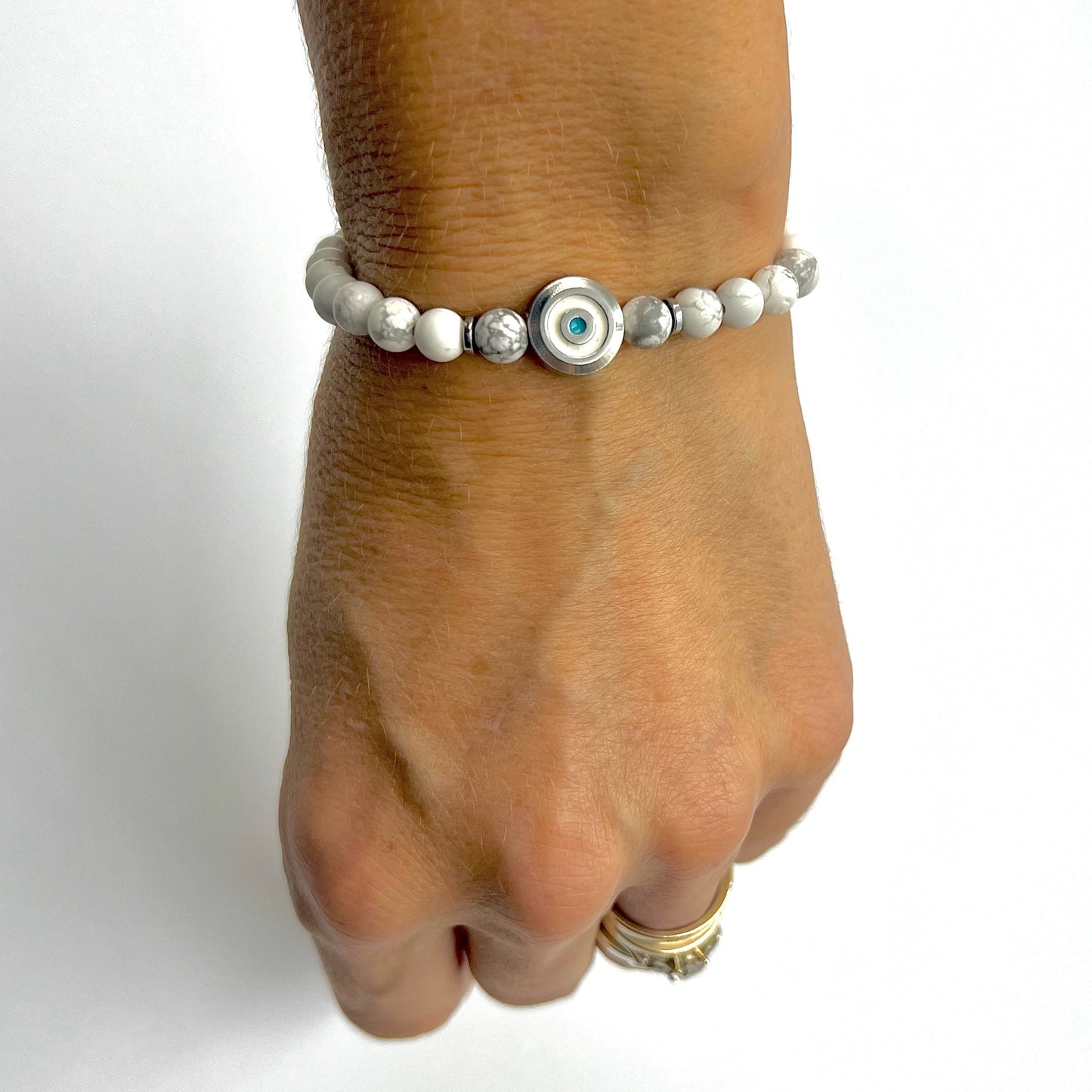 Beaded Bracelet with Silver Evil Eye Connector - Choose Gemstone/Colour
