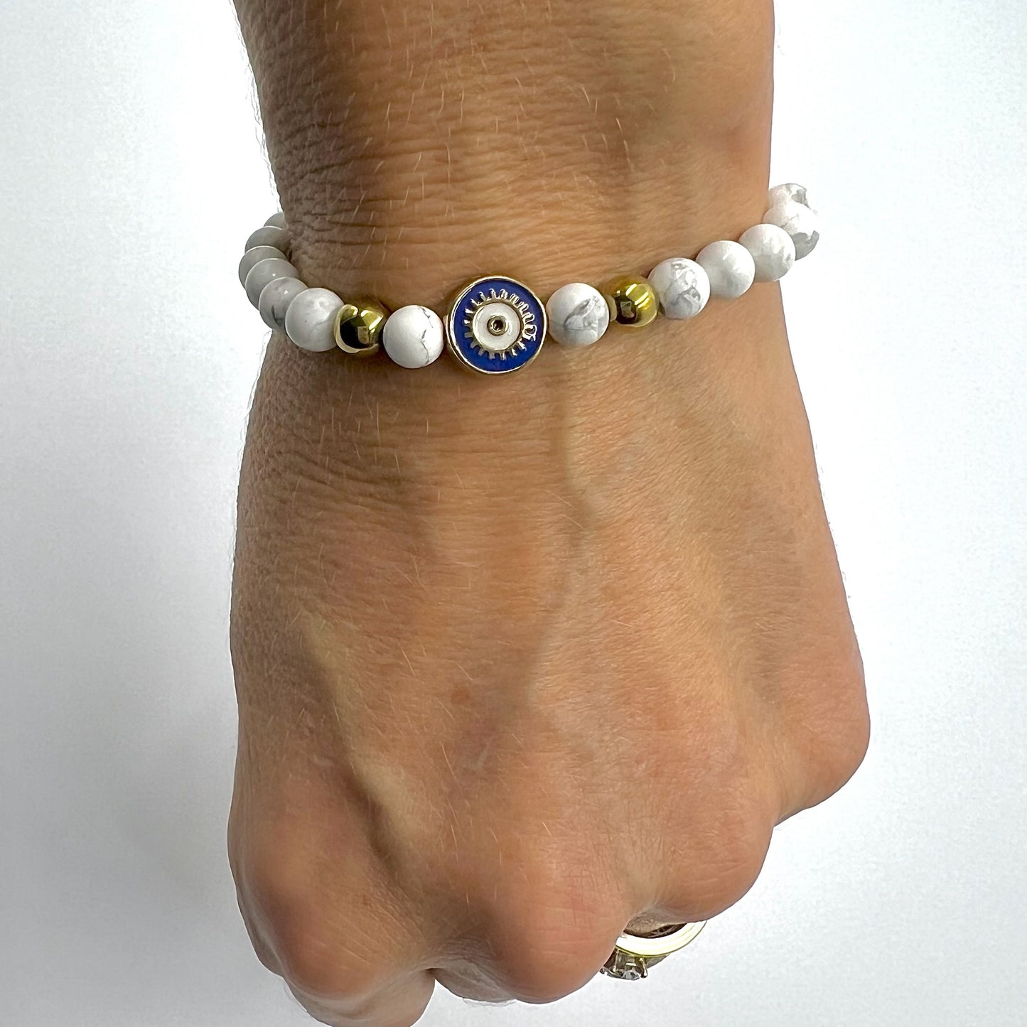 Beaded Bracelet with Blue Evil Eye Connector - Choose Gemstones/Colour