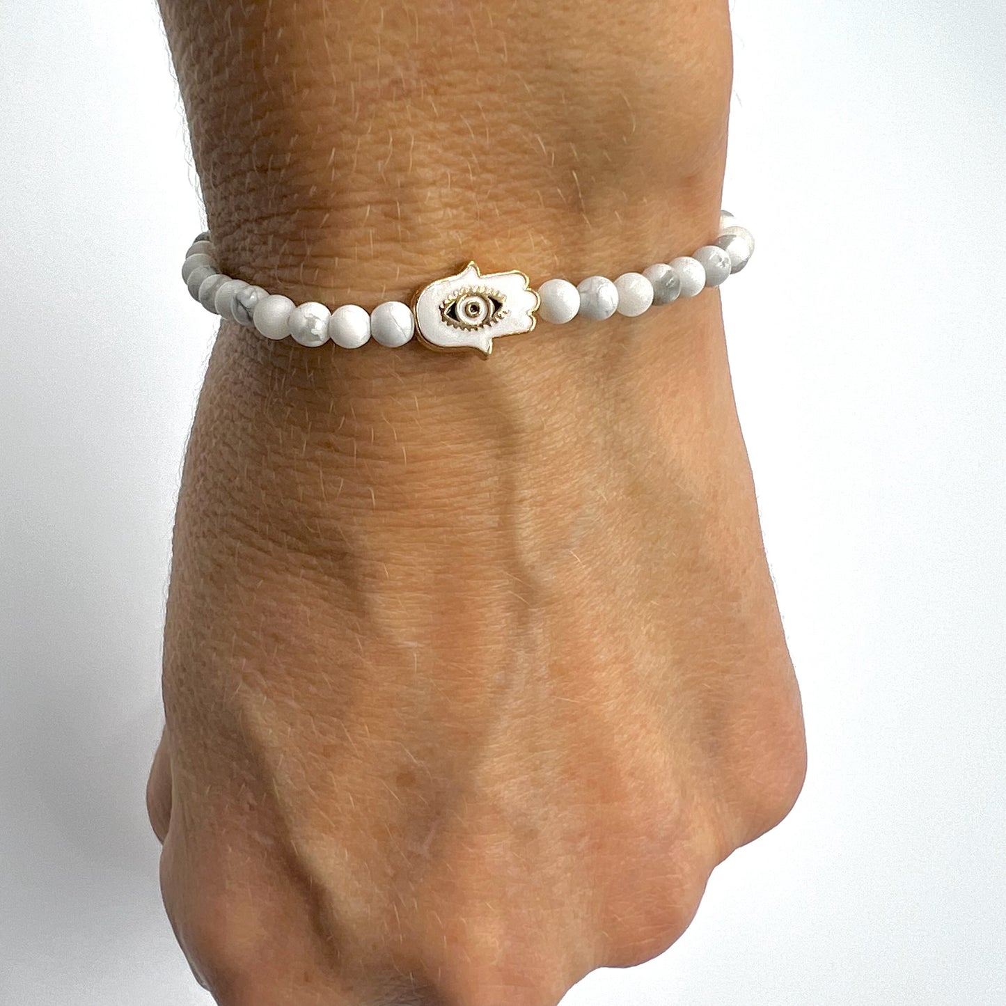 Beaded Bracelet with White Hand of Fatima Connector - Choose Gemstone/bead colour