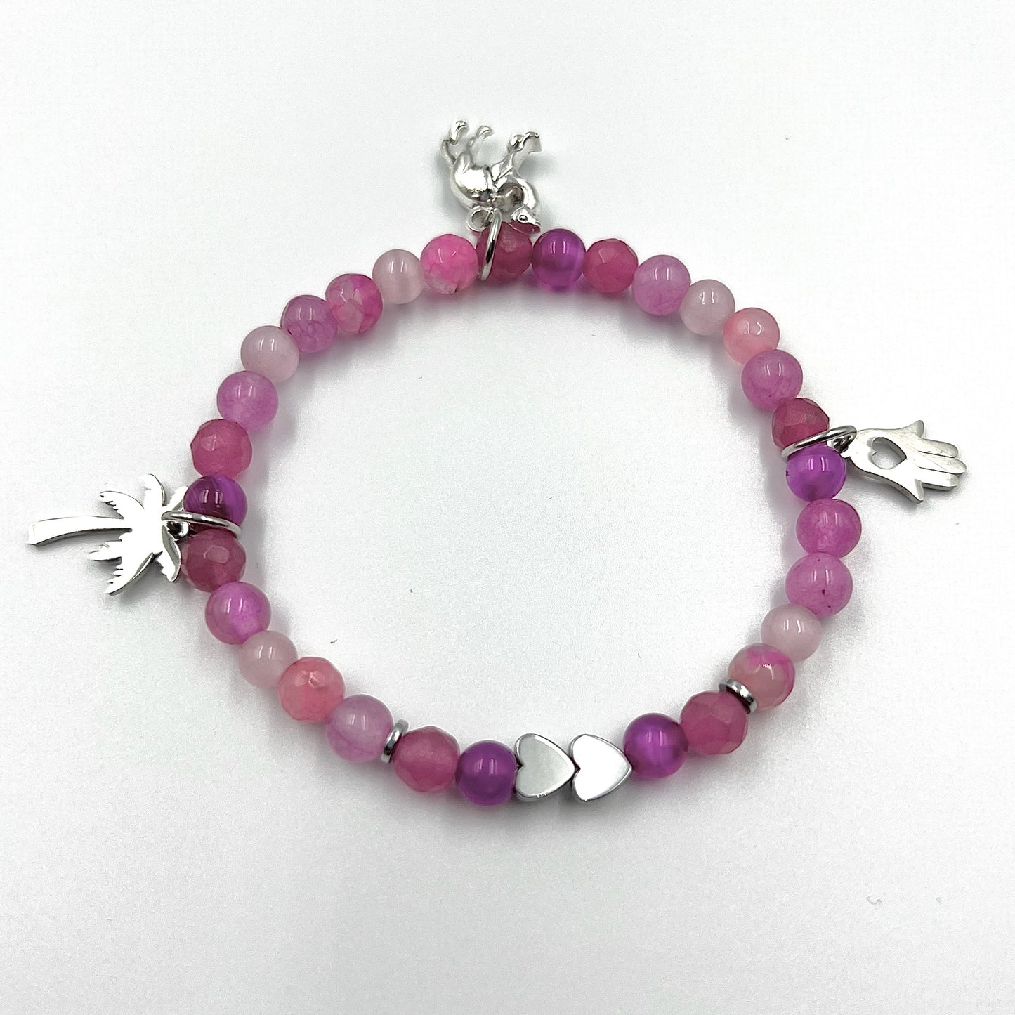 Beaded Charm Bracelet - Choose Gemstone/Colour, Heart Connectors & Charms