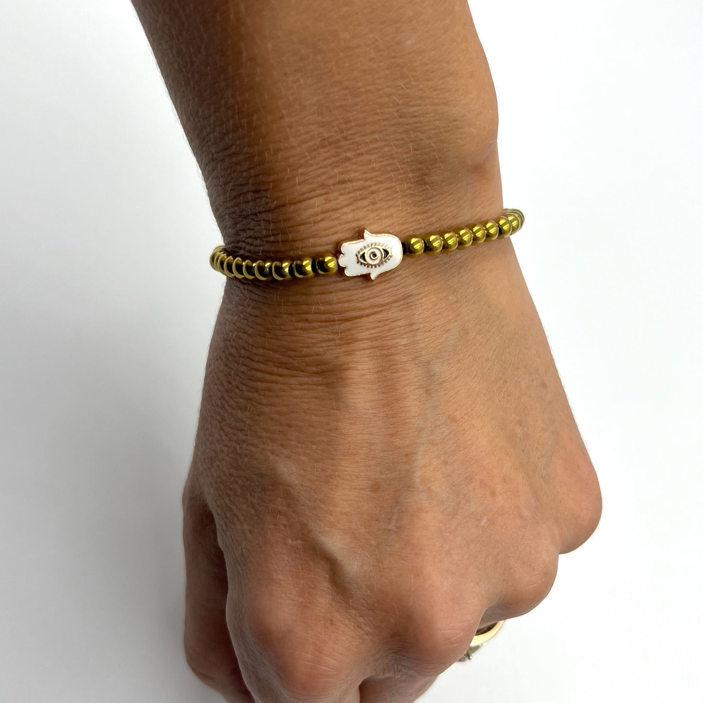 Beaded Bracelet with White Hand of Fatima Connector - Choose Gemstone/bead colour