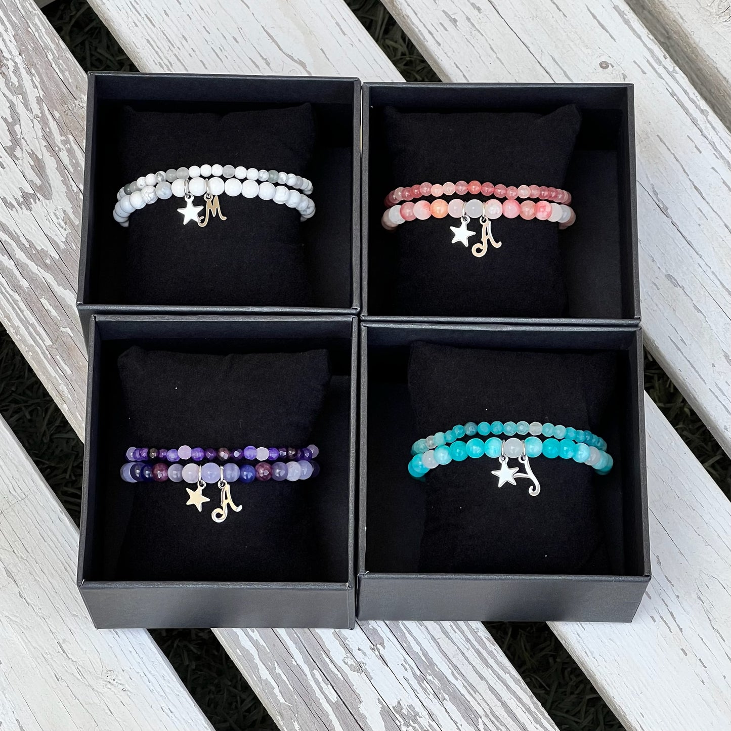 Beaded Bracelet Set with Star Charm - Choose Gemstone/Colour & Personalisation