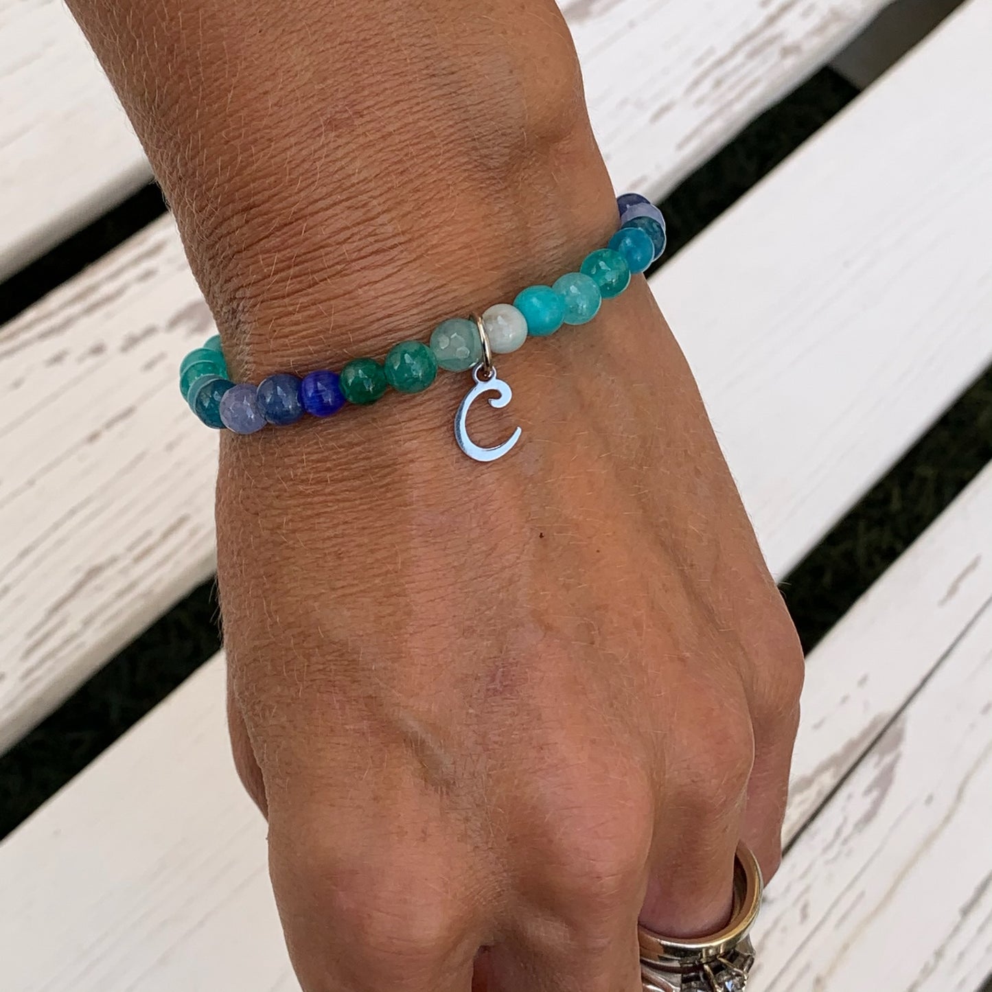 Blue/Green mix Beaded Bracelet - Choose Charm & Personalisation