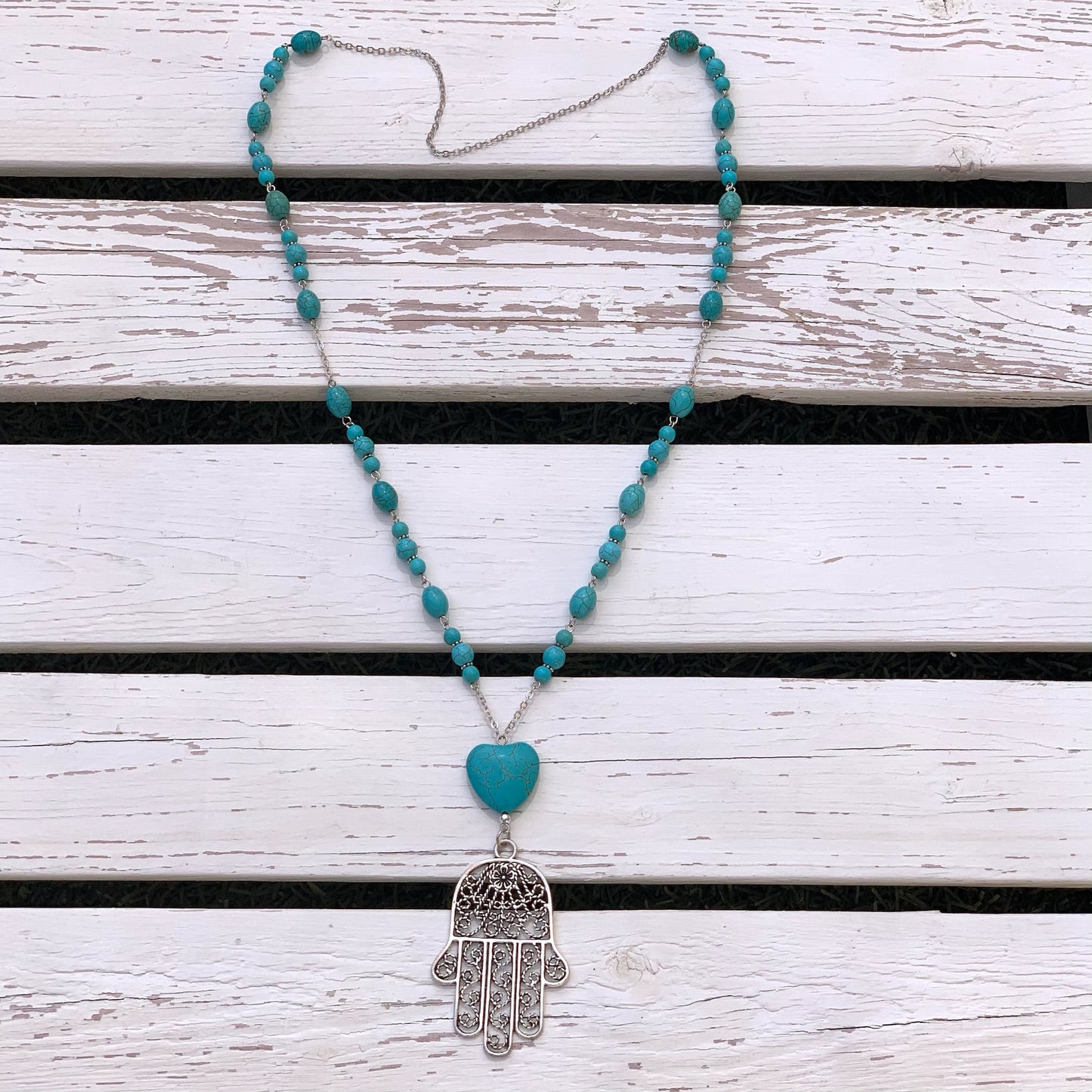 Turquoise Necklace with Hand of Fatima Pendant