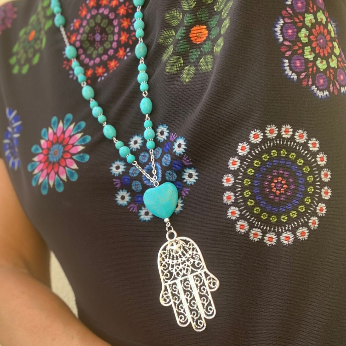 Turquoise Necklace with Hand of Fatima Pendant