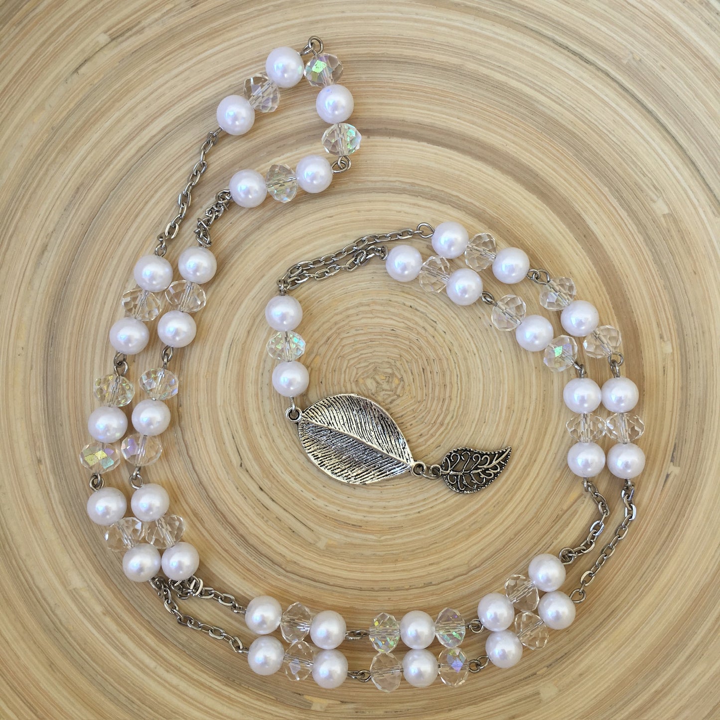 Pearl & Crystal Necklace with Leaf Drop Pendant