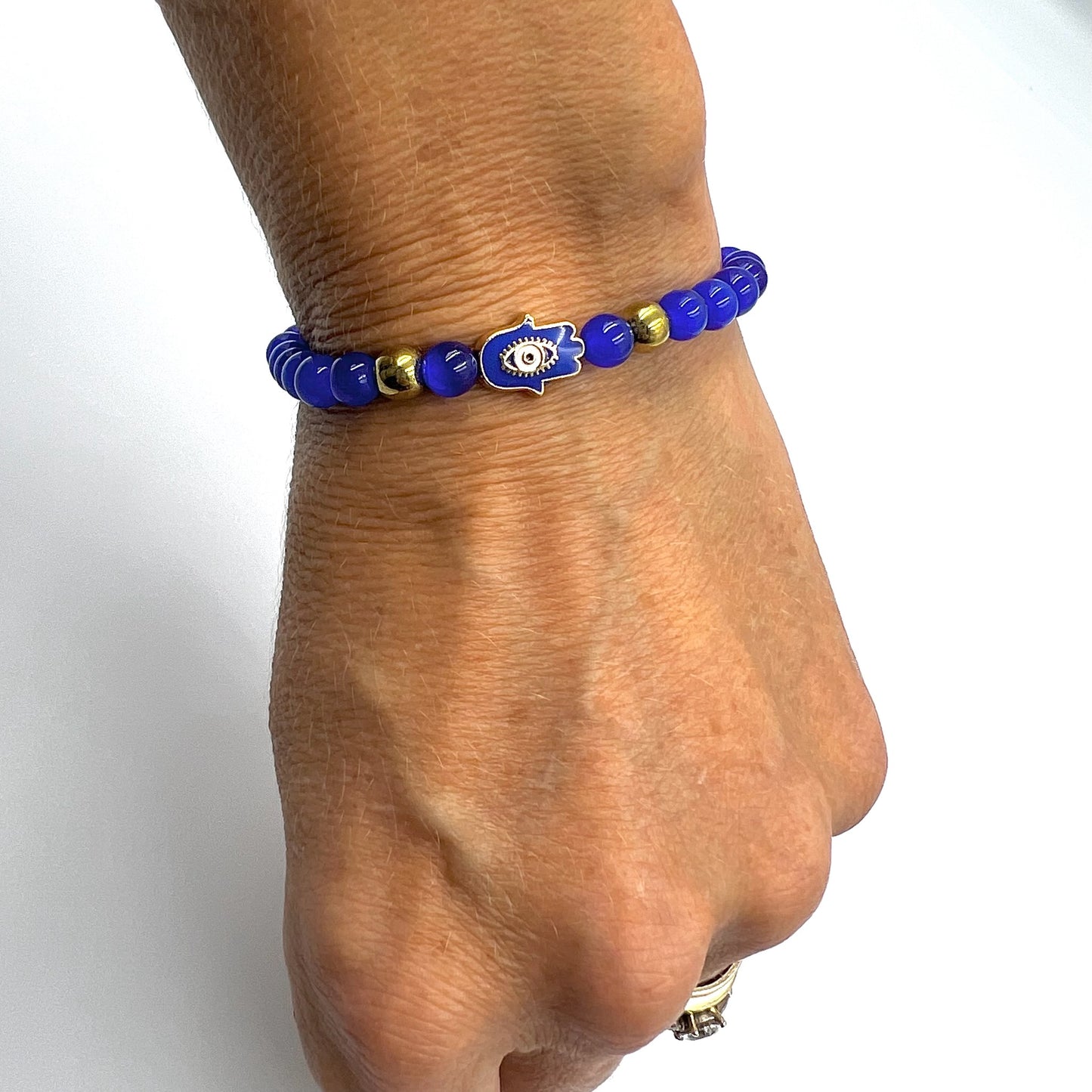 Beaded Bracelet with Blue Hand of Fatima Connector - Choose Gemstones/Colour