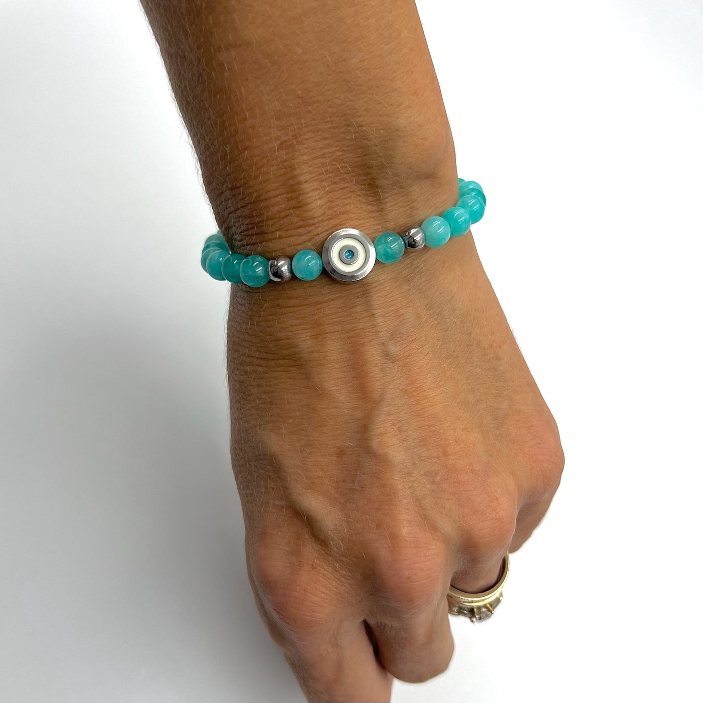 Beaded Bracelet with Silver Evil Eye Connector - Choose Gemstone/Colour