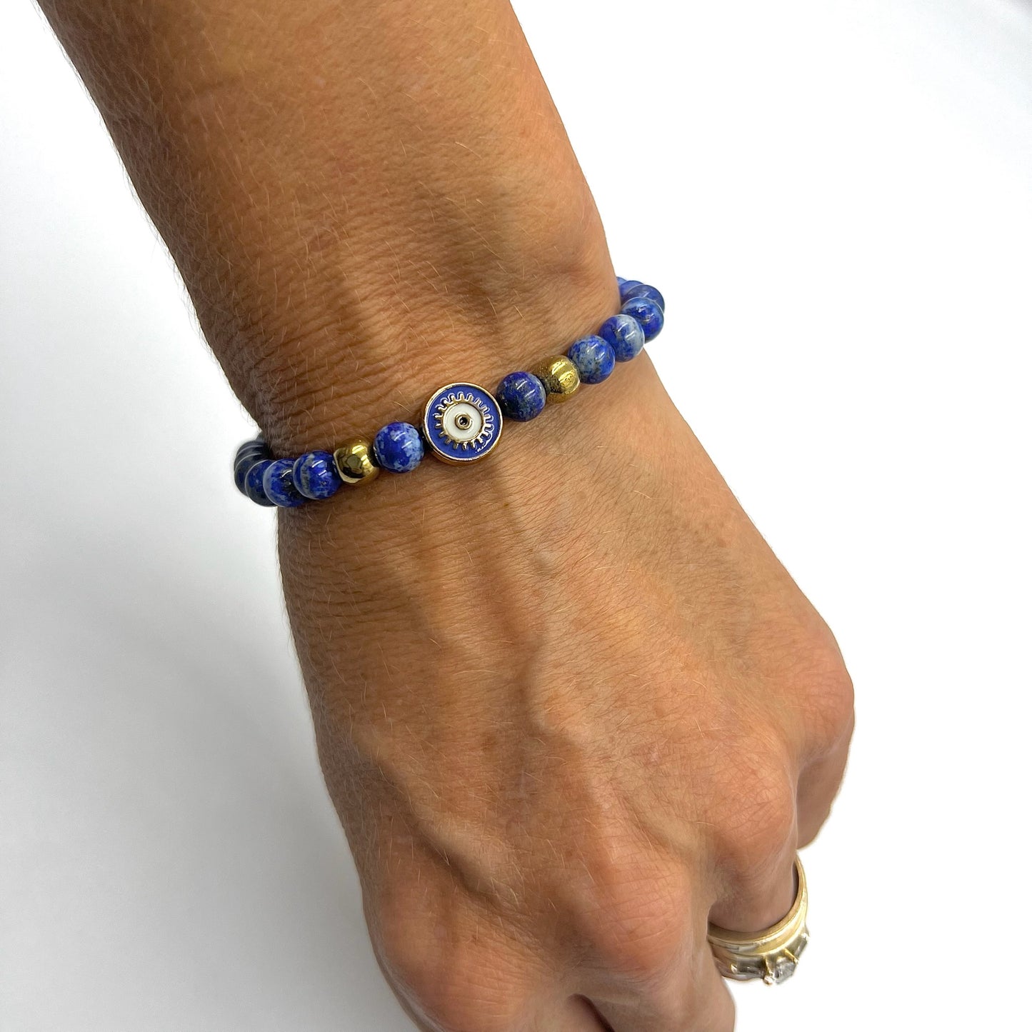 Beaded Bracelet with Blue Evil Eye Connector - Choose Gemstones/Colour