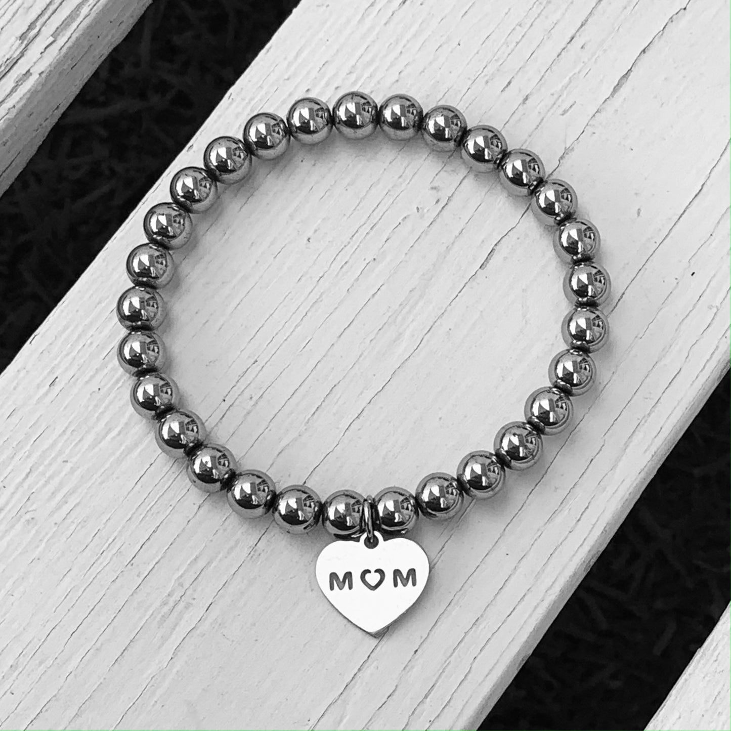 Beaded Bracelet with Mum Heart - Choose Gemstone/colour & Personalisation Option