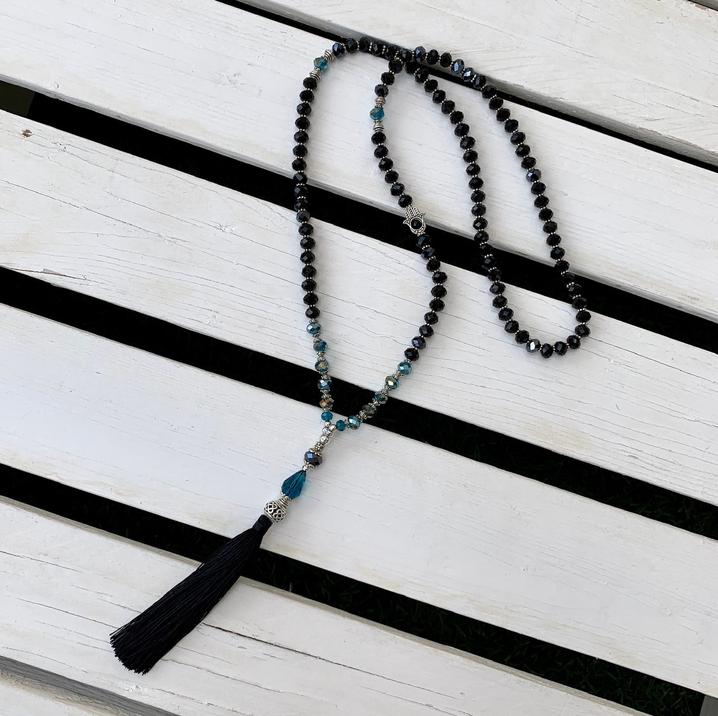 Black Crystal Beaded Necklace with Tassel