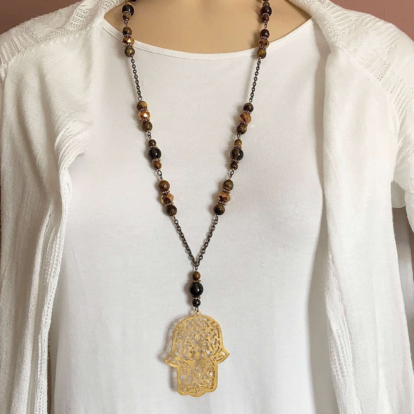 Tiger's Eye & Crystal Necklace with Hand of Fatima Pendant