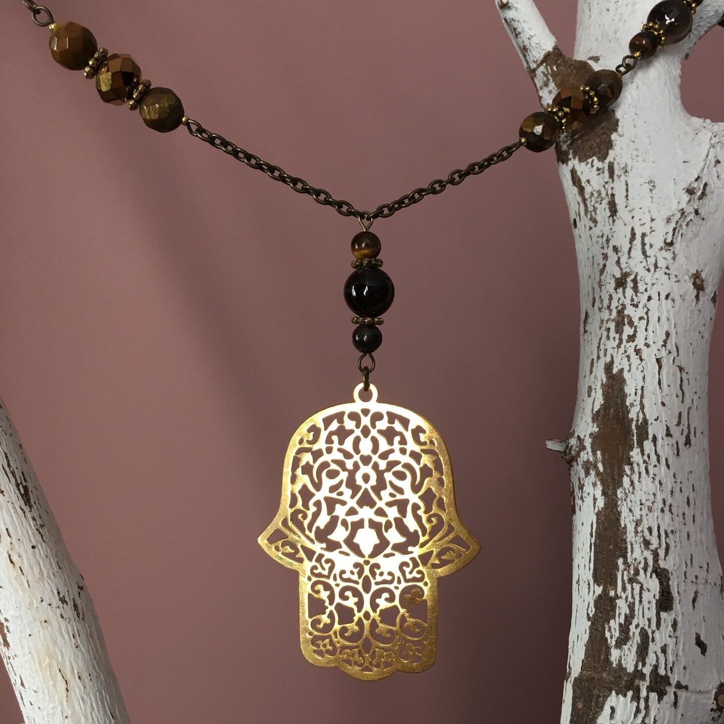 Tiger's Eye & Crystal Necklace with Hand of Fatima Pendant
