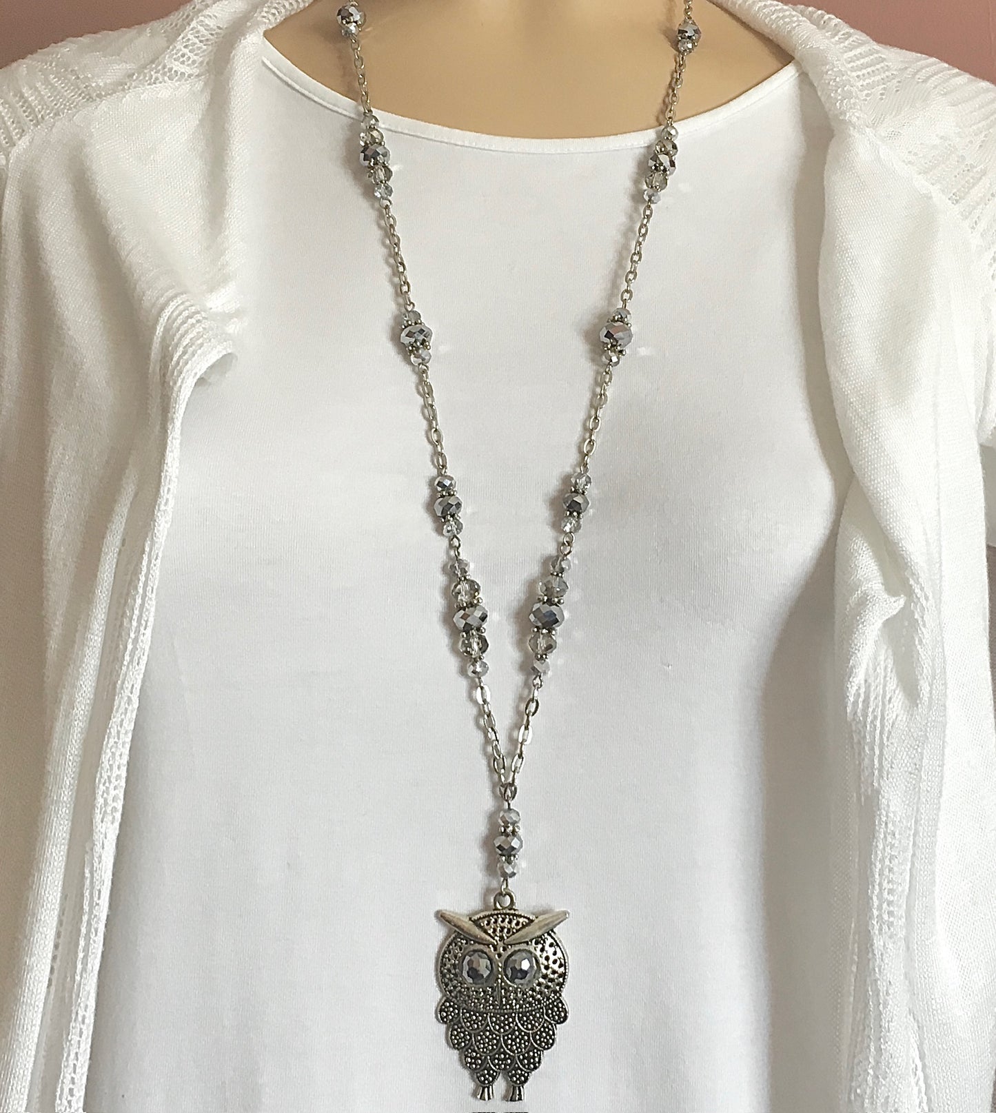 Silver Crystal Necklace with Owl Pendant
