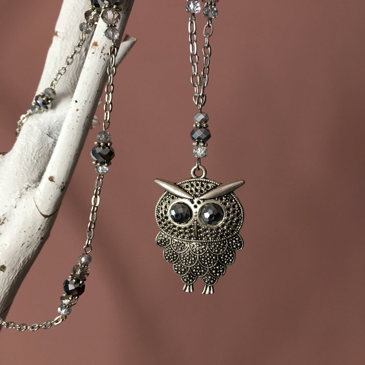 Silver Crystal Necklace with Owl Pendant