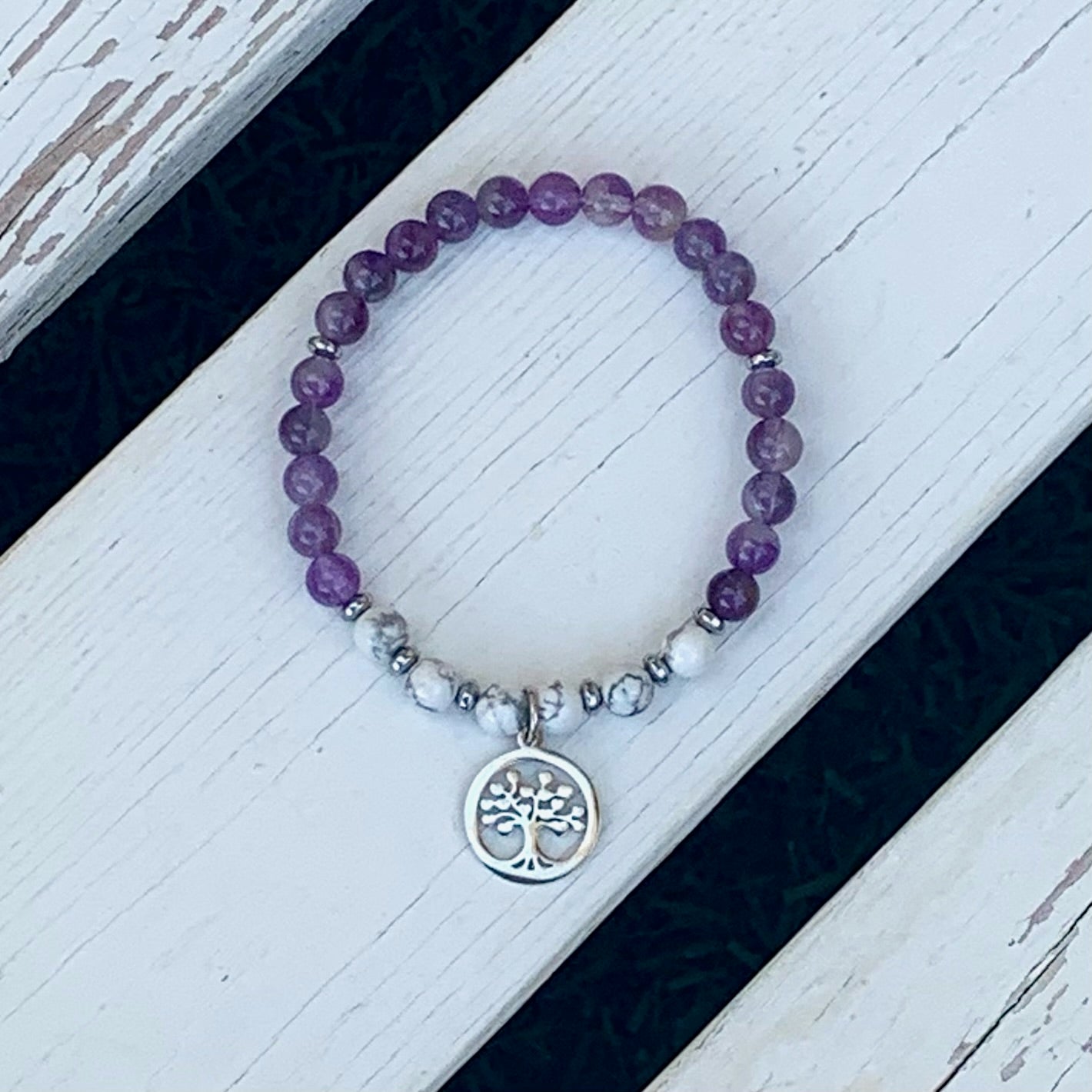 Amethyst & Howlite Beaded Bracelet - Choose Charm & Personalisation