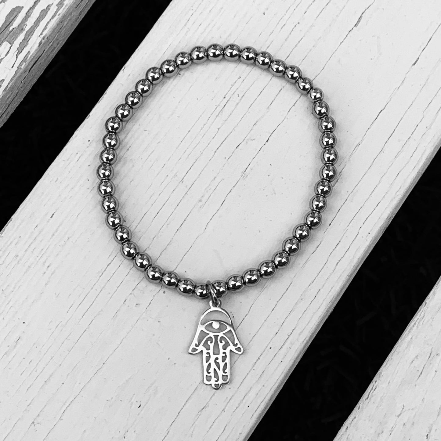 Silver Hematite 4mm Beaded Bracelet - Choose Charm & Personalisation