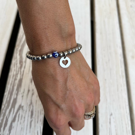Beaded Bracelet with Evil Eye Bead - Choose Gemstone/Colour, Charms & Personalisation