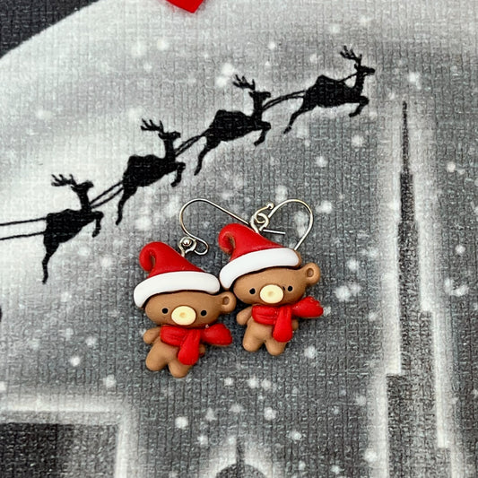 Cute Christmas Bear With Santa Hat and scarf Earrings